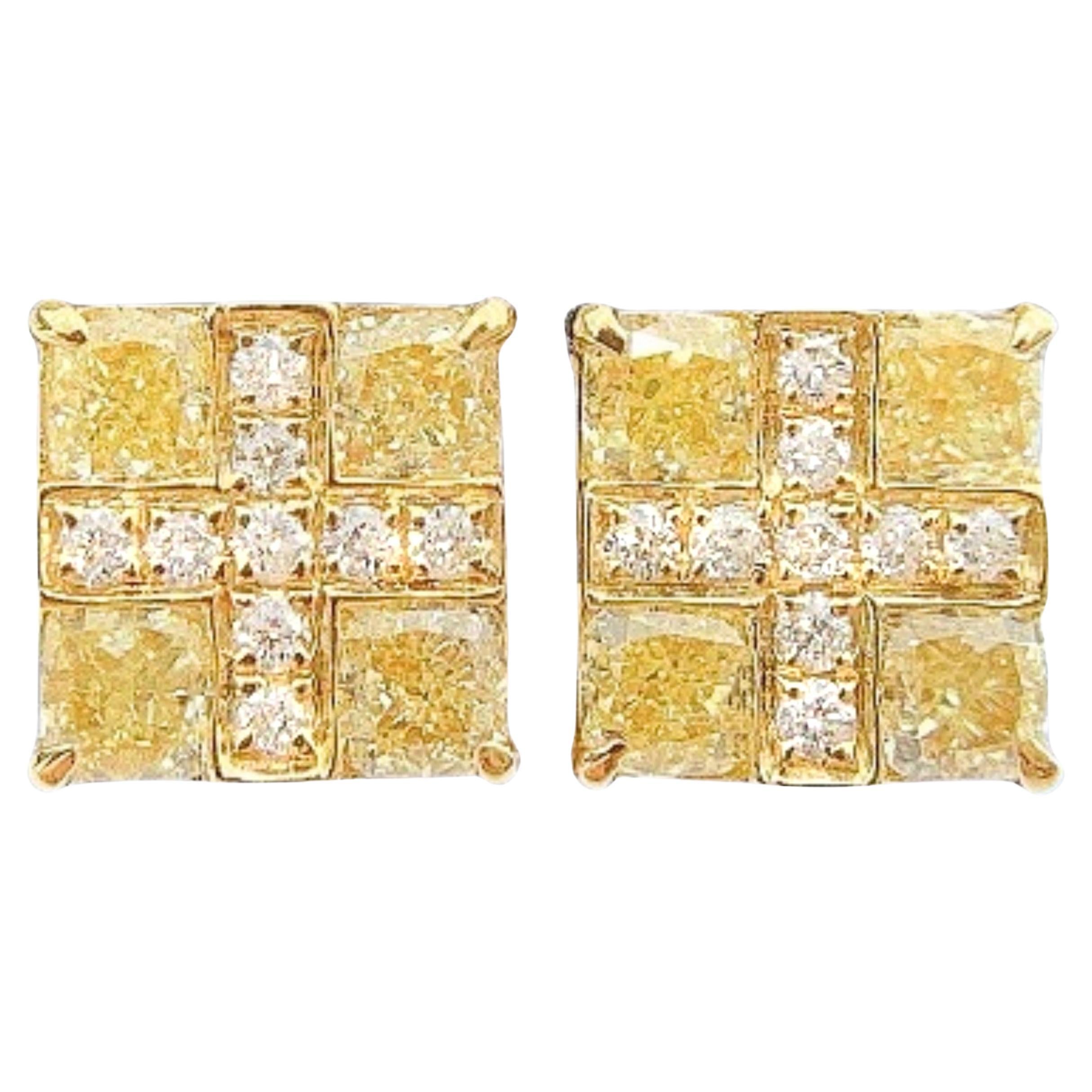 AGL Certified Yellow Diamond 'Cross' Stud 18K Gold Earrings with Diamonds