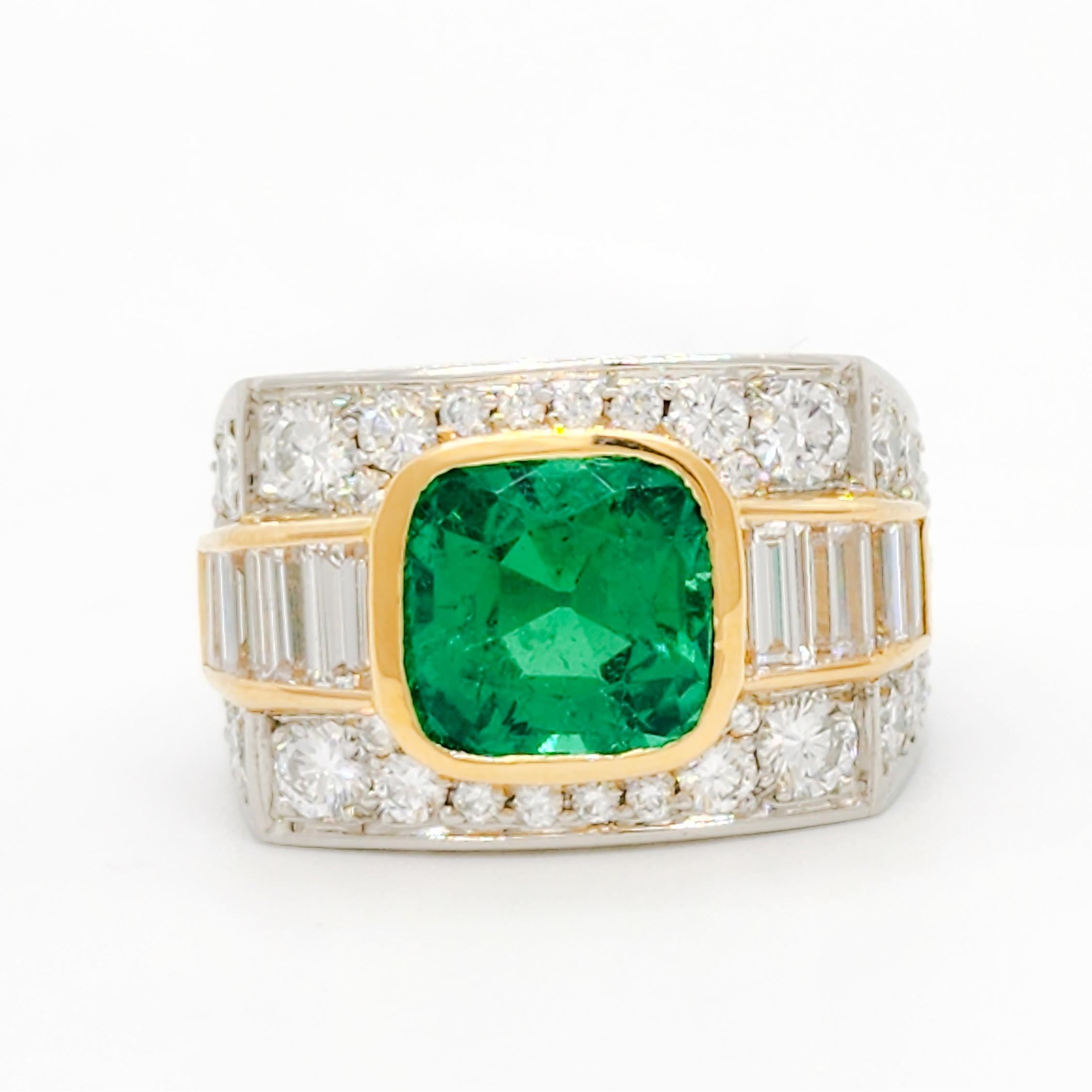 Gorgeous 3.04 ct. Colombian emerald square cushion with good quality white diamond baguettes and rounds.  Handmade in 18k yellow gold and platinum.  This ring is stunning in person.  AGL certificate included.  Ring size 6.