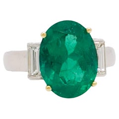 AGL Colombian Emerald Oval and Diamond Three Stone Ring in Platinum and 18k