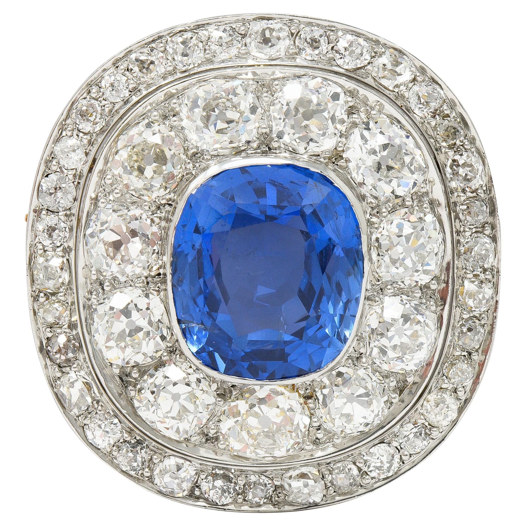 AGL Edwardian 32.04 Carats Ceylon Sapphire Diamond Platinum 18 Karat Gold Brooch For Sale at 1stDibs