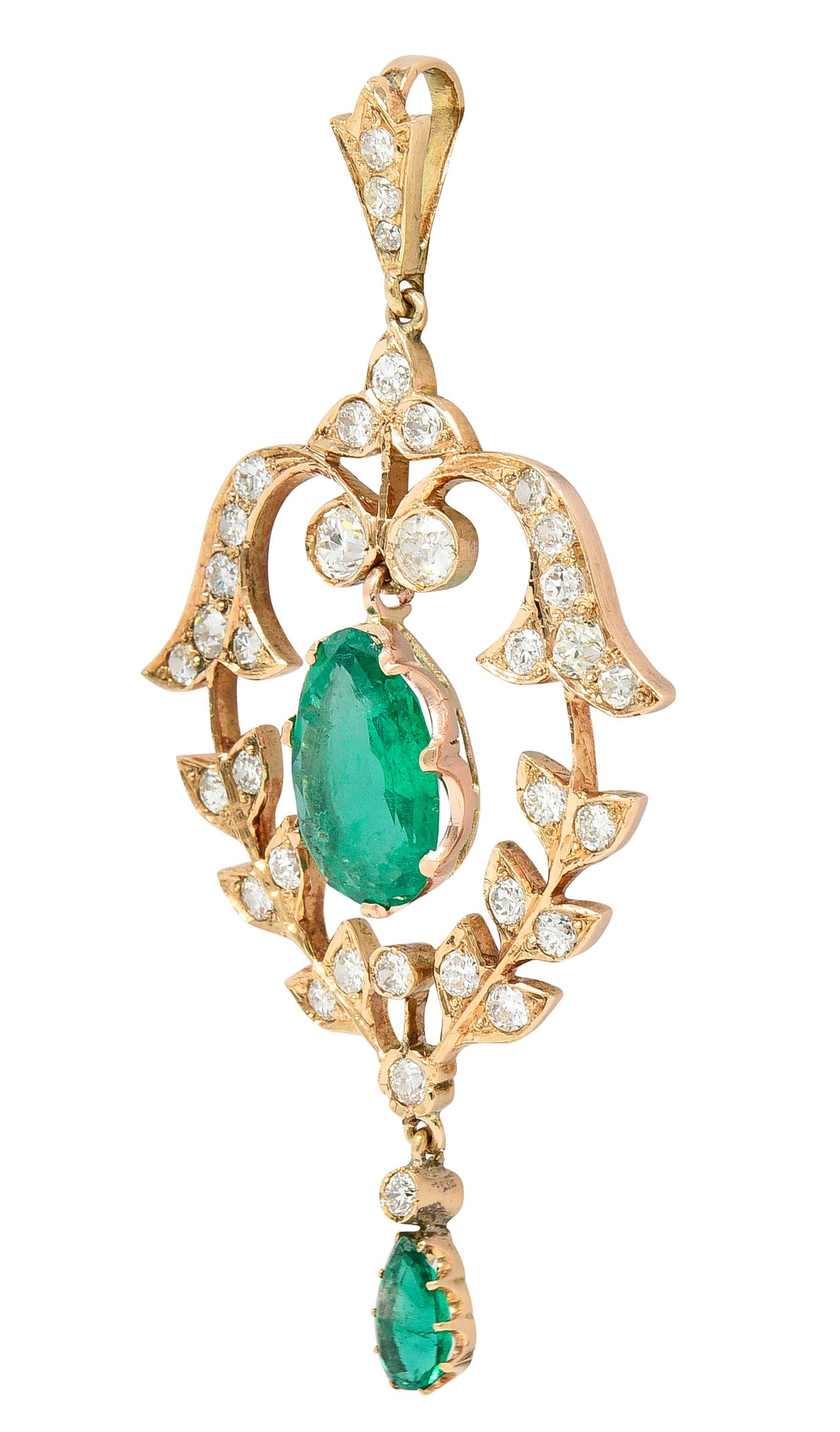 Pear Cut AGL Edwardian 4.50 Carat Colombian Emerald Diamond 14 Karat Rose Gold Pendant