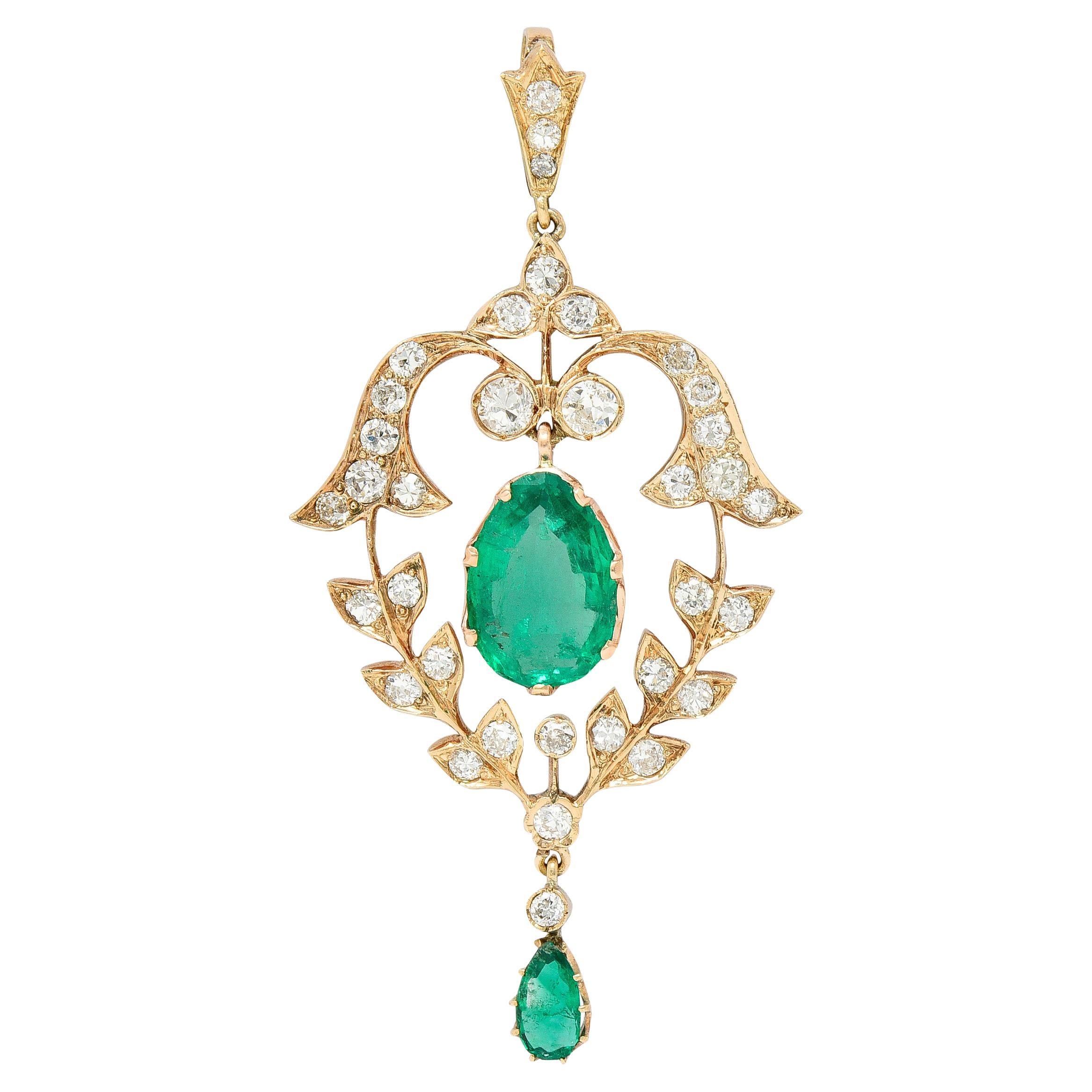 AGL Edwardian 4.50 Carat Colombian Emerald Diamond 14 Karat Rose Gold Pendant