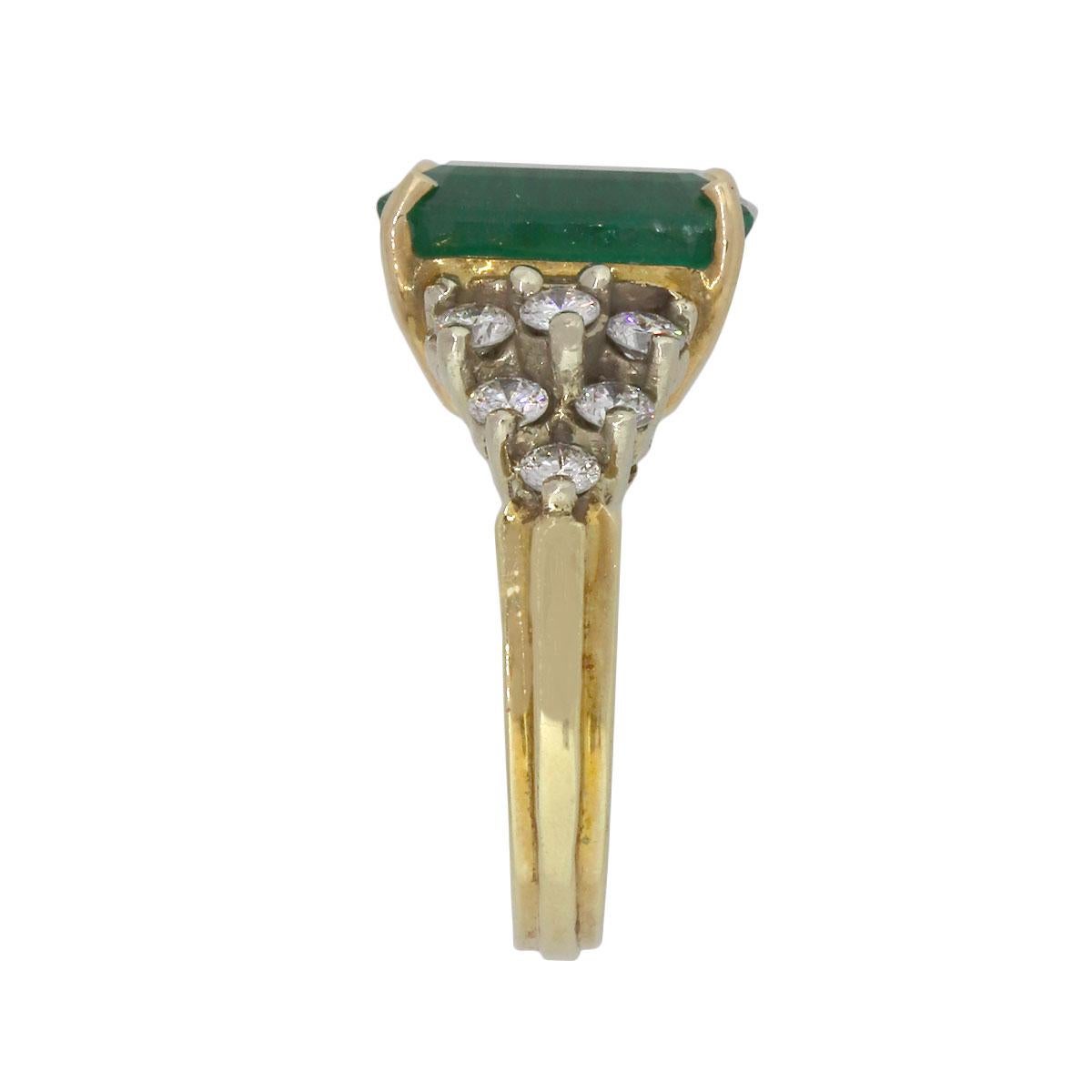 Material: 14k Yellow Gold
Gemstone Details: 5.64ct emerald stone measuring approx. 12.22mm x 9.70mm. AGL: CS1077285
Diamond Details: Approx. 0.50ctw of round cut diamonds. Diamonds are G/H in color and VS in clarity
Ring Size: 6
Measurements: 0.84