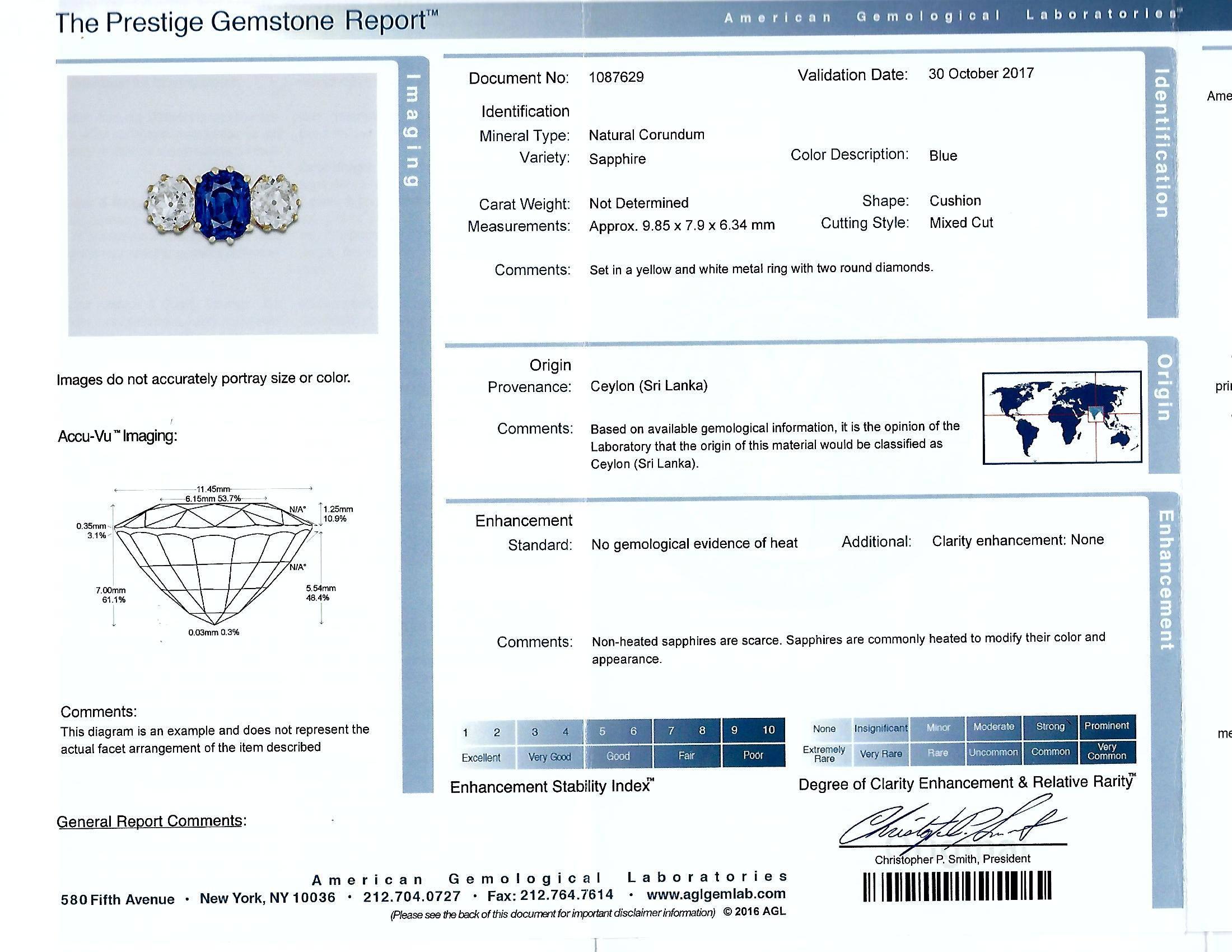 Cushion Cut Vivid Diamonds AGL Graded 4.85 Carat Sapphire and Diamond Three-Stone Ring