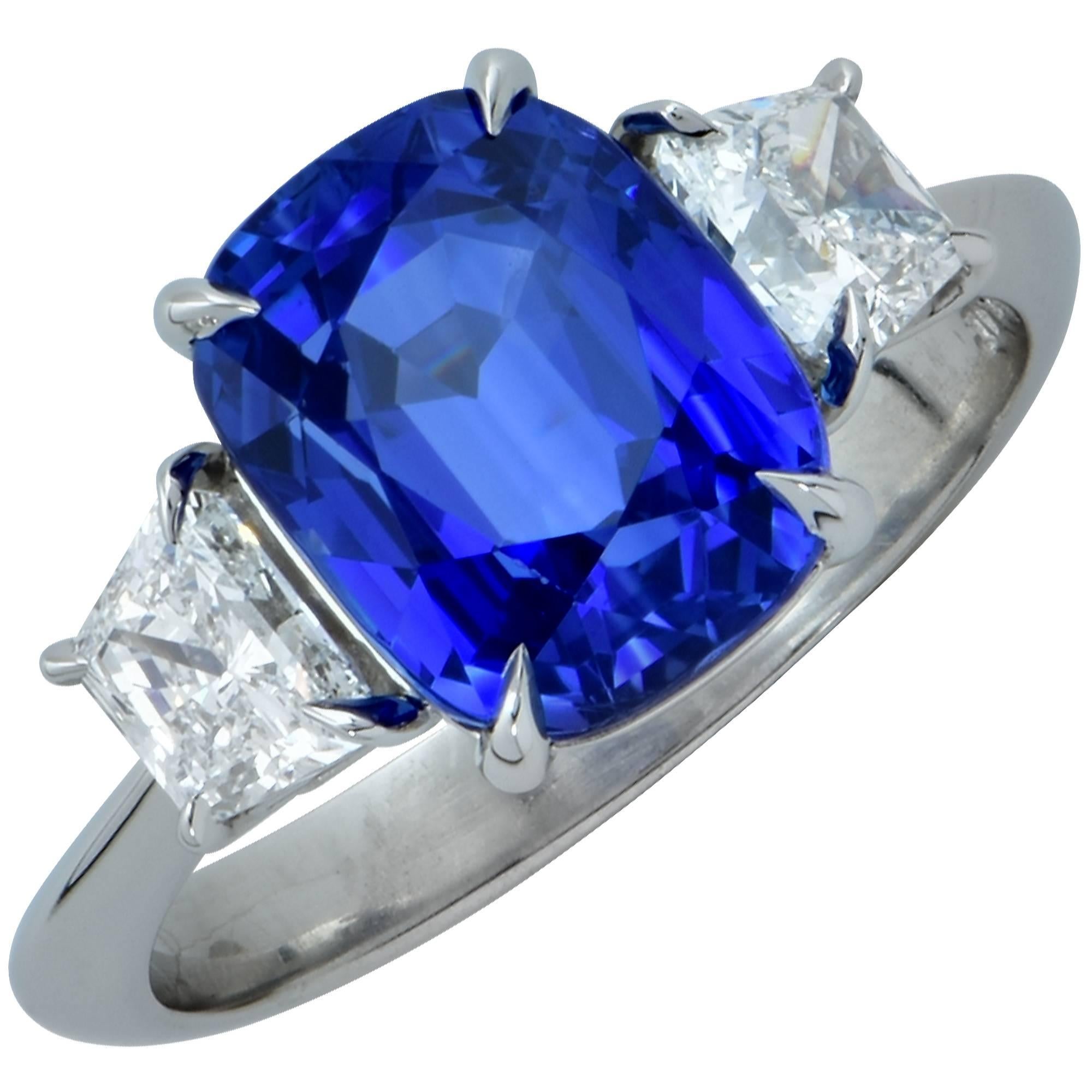 Vivid Diamonds AGL Graded 4.85 Carat Sapphire and Diamond Three-Stone Ring