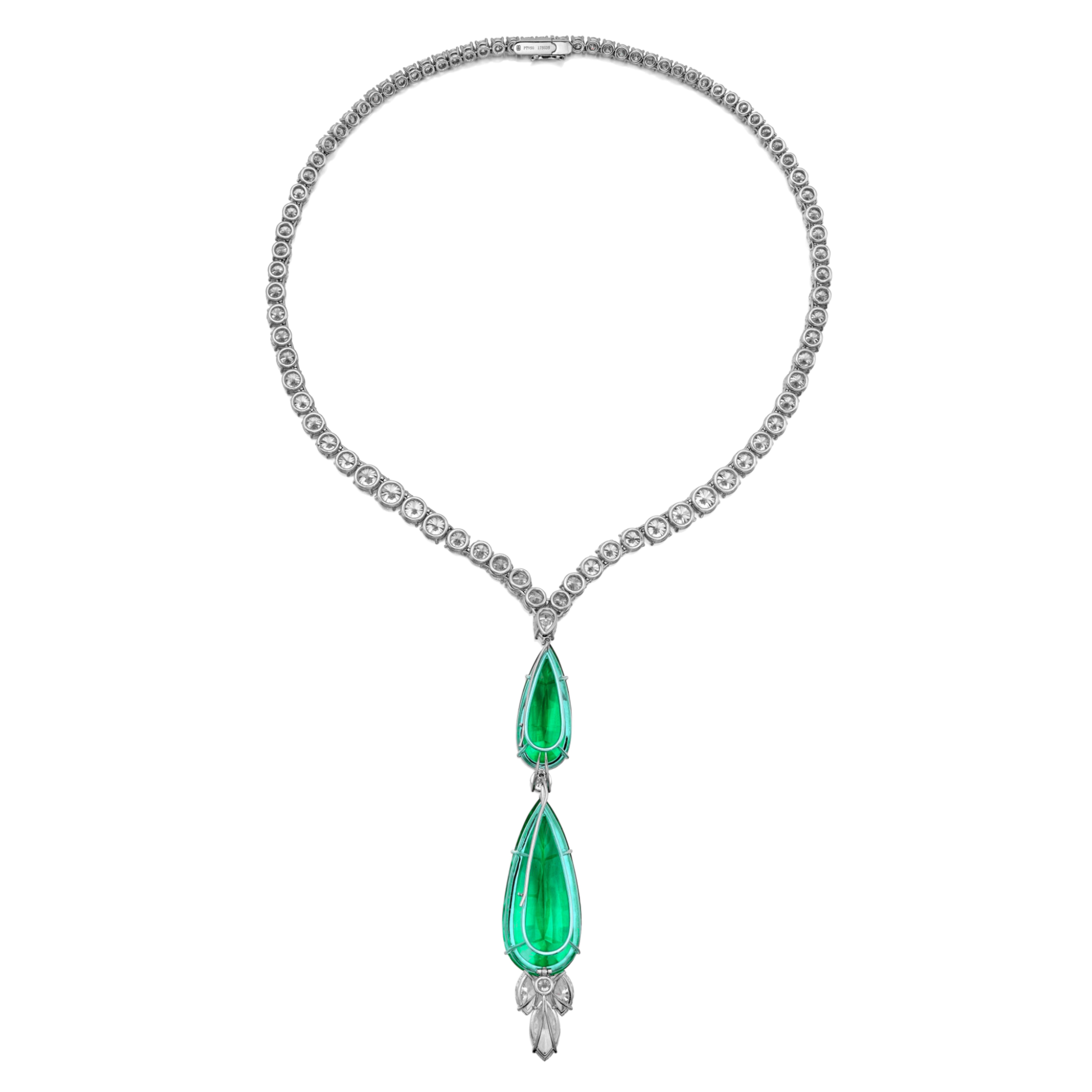 Pear Cut AGL GRS Certified 50 Ct. Emerald and Diamond 'Royal Gardens' Pendant-Necklace For Sale