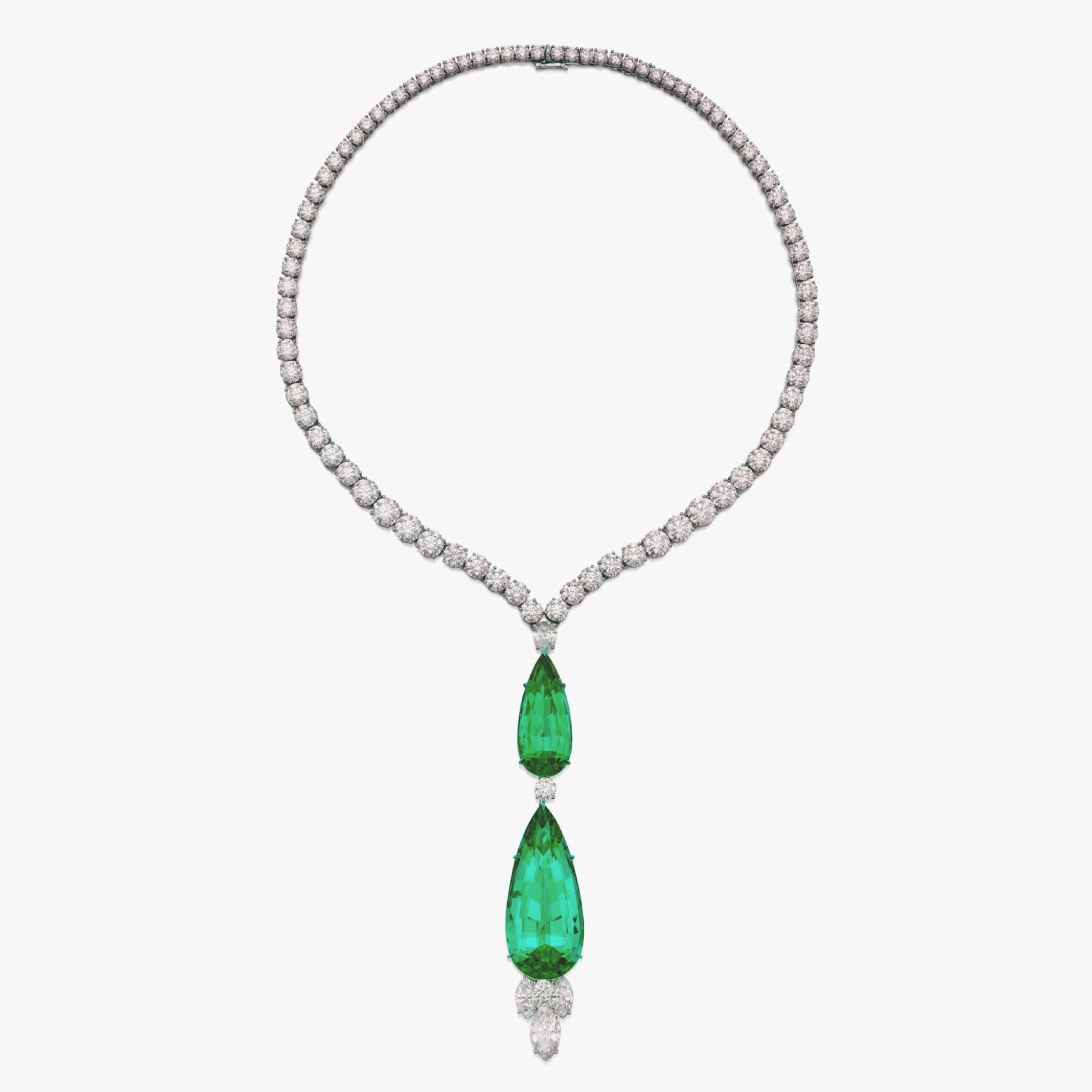 AGL GRS Certified 50 Ct. Emerald and Diamond 'Royal Gardens' Pendant-Necklace In New Condition For Sale In Chicago, IL