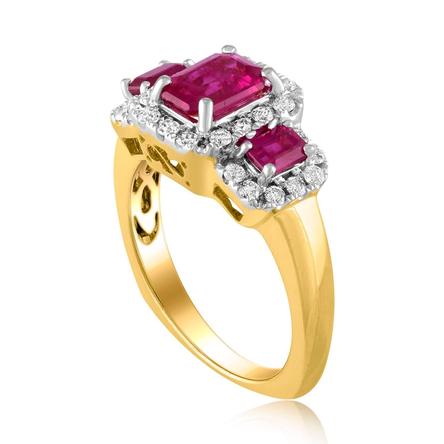 Classic 3 Stone Ring
The ring is 14K White & Yellow Gold.
The center Ruby is 1.15 Carats with a 0.30 Carts Each Side Ruby Stone.
The 3 Rubies total 1.75 Carats Heated Burma Rubies.
The 3 Rubies are step cut or emerald cut.
The Center Ruby is a step