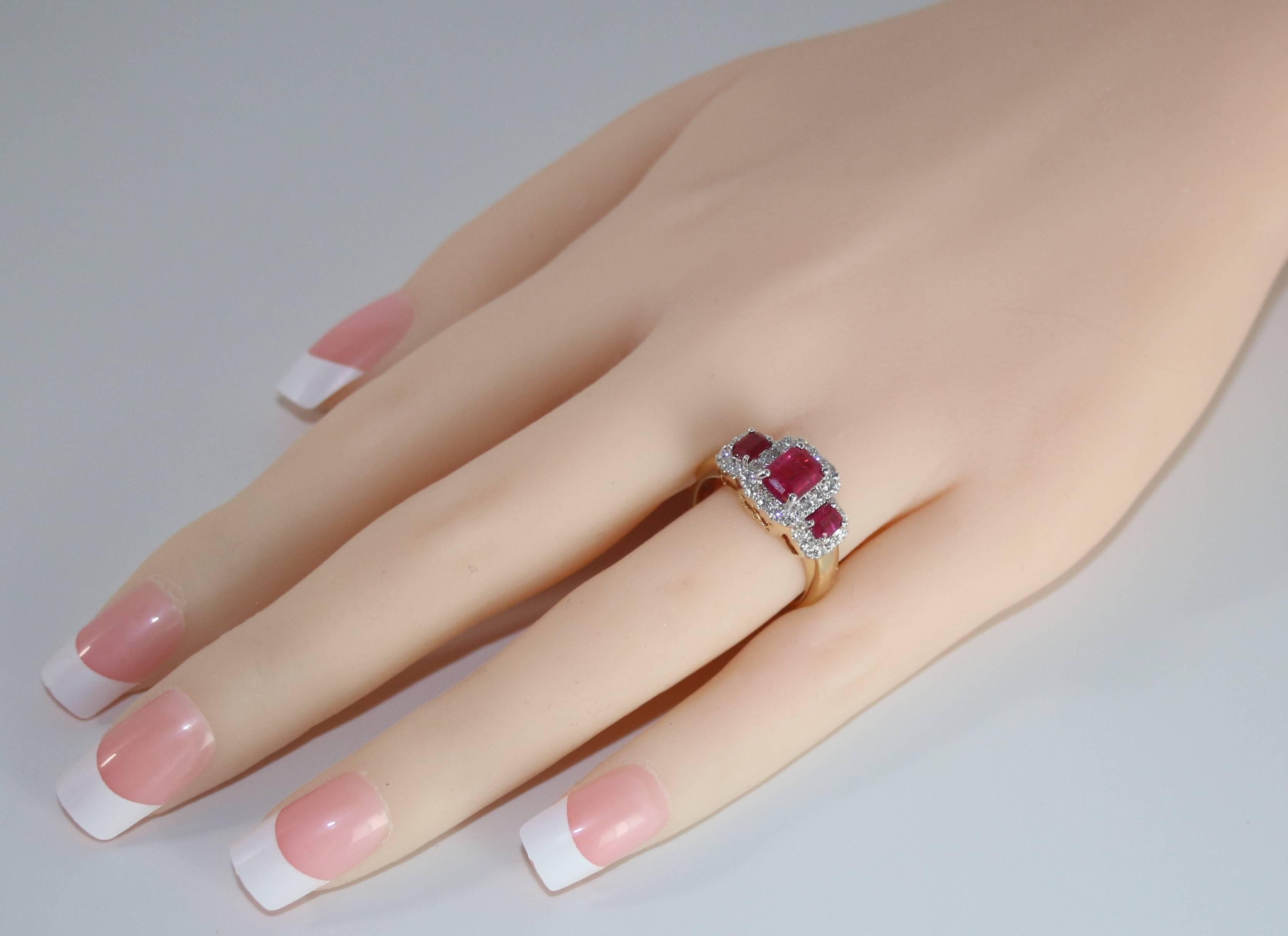 Emerald Cut AGL & IGI Certified 1.75 Carat Diamond Gold Burma Ruby Three Stone Ring For Sale