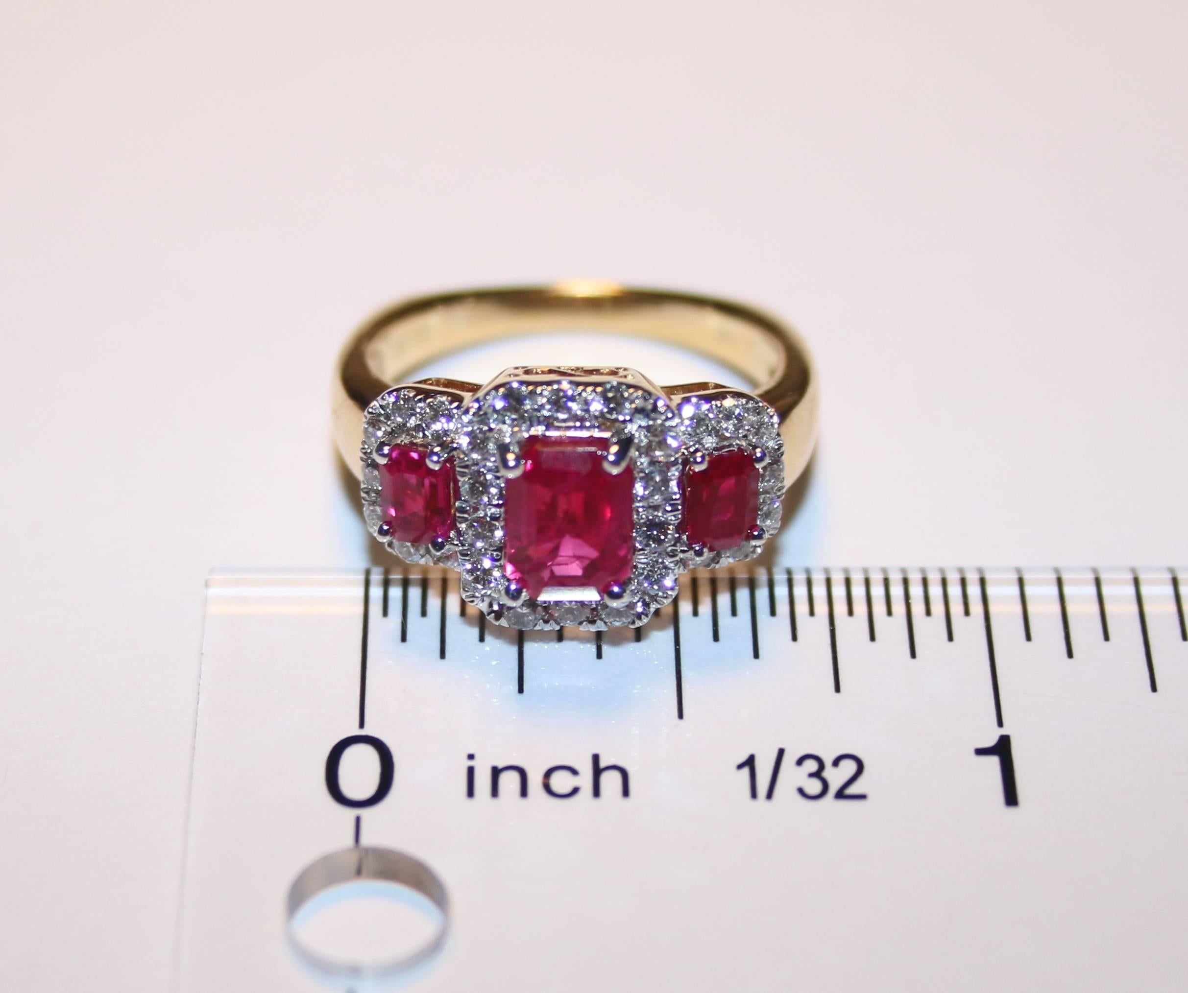 AGL & IGI Certified 1.75 Carat Diamond Gold Burma Ruby Three Stone Ring In New Condition For Sale In New York, NY
