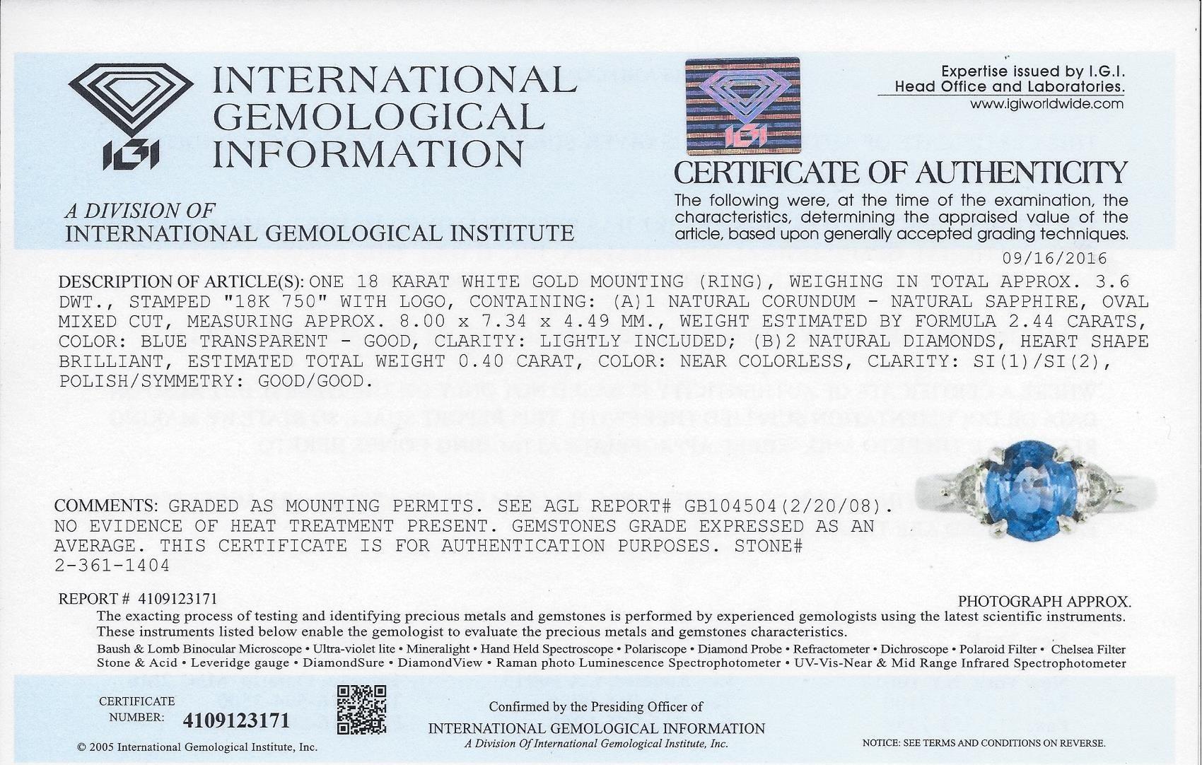 AGL & IGI Certified No Heat 2.44 Carat Oval Blue Sapphire Diamond Gold Ring For Sale 4