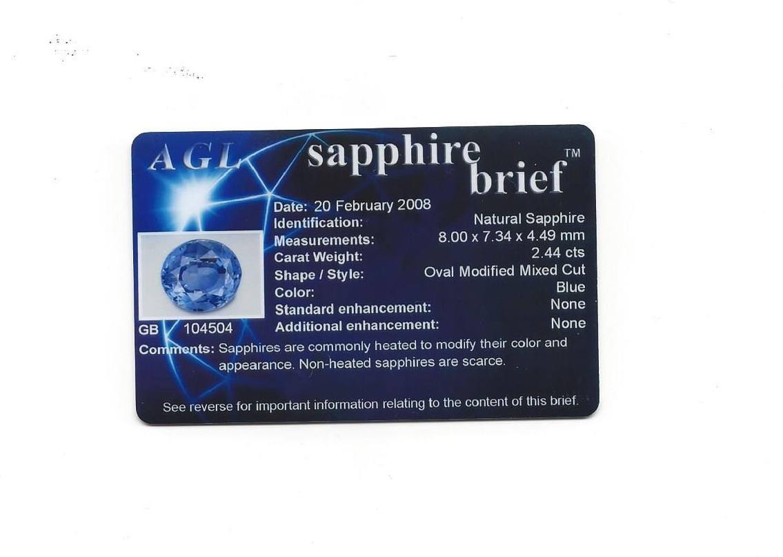 Goldring, AGL & IGI zertifizierter unbehandelter 2,44 Karat ovaler blauer Saphir, Diamant im Angebot 3