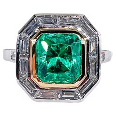 Antique  AGL Insignificant VVS 4.66ctw Natural Green Emerald Diamond Platinum 18k Ring