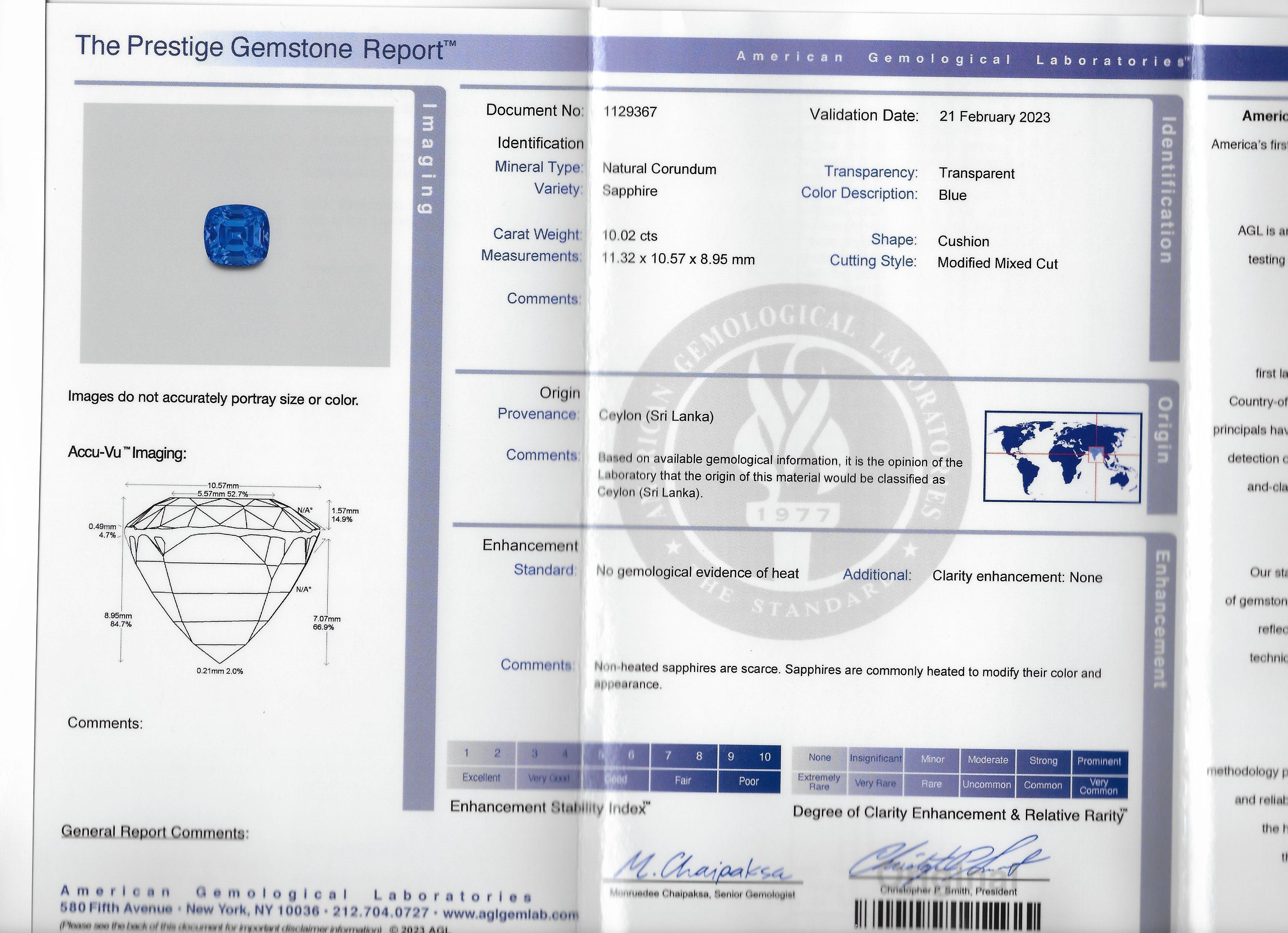 AGL Mid-Century 10.89 Carats No Heat Ceylon Sapphire Diamond Platinum Ring For Sale 6