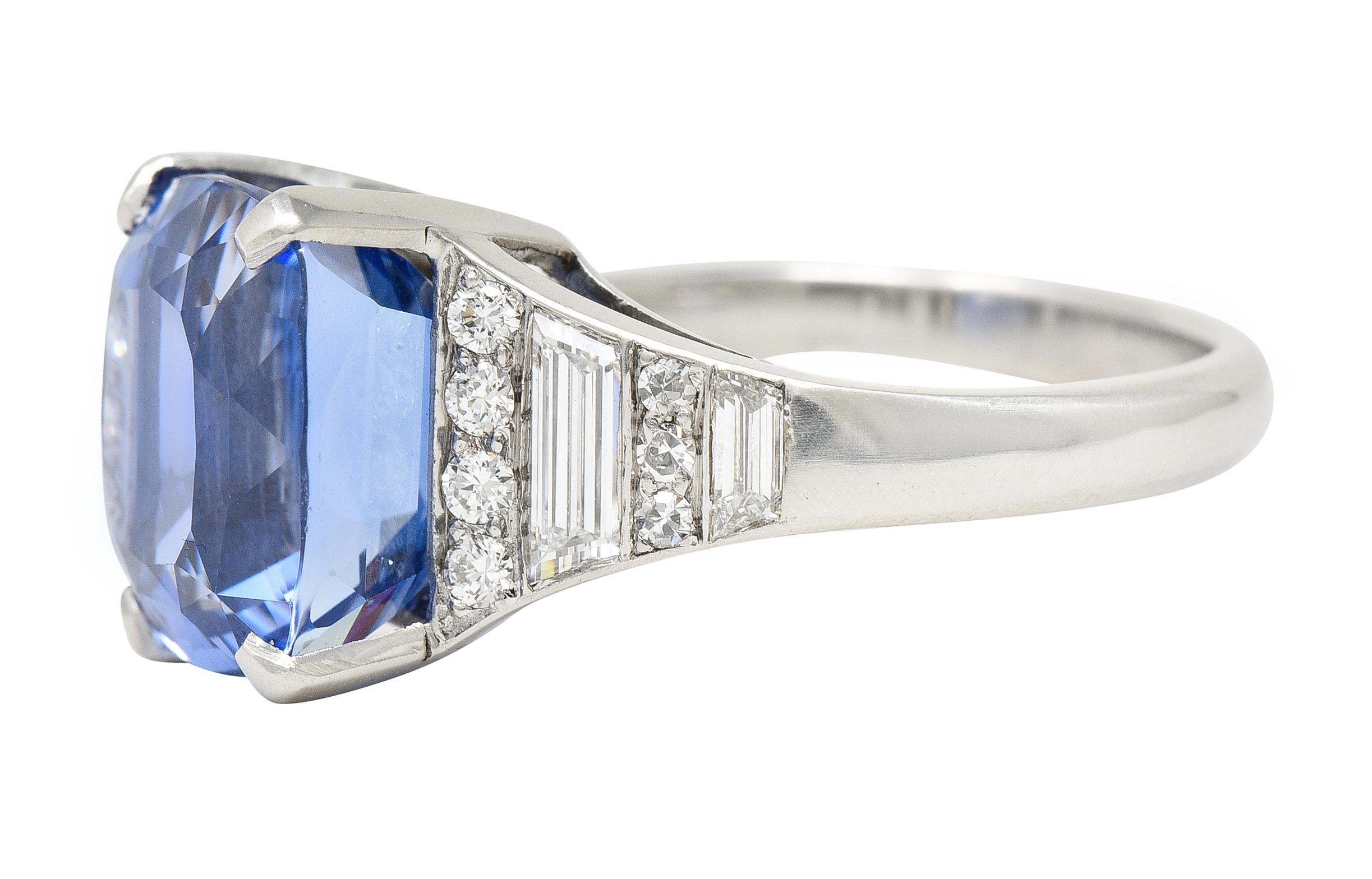 AGL Mid-Century 10.89 Carats No Heat Ceylon Sapphire Diamond Platinum Ring In Excellent Condition For Sale In Philadelphia, PA