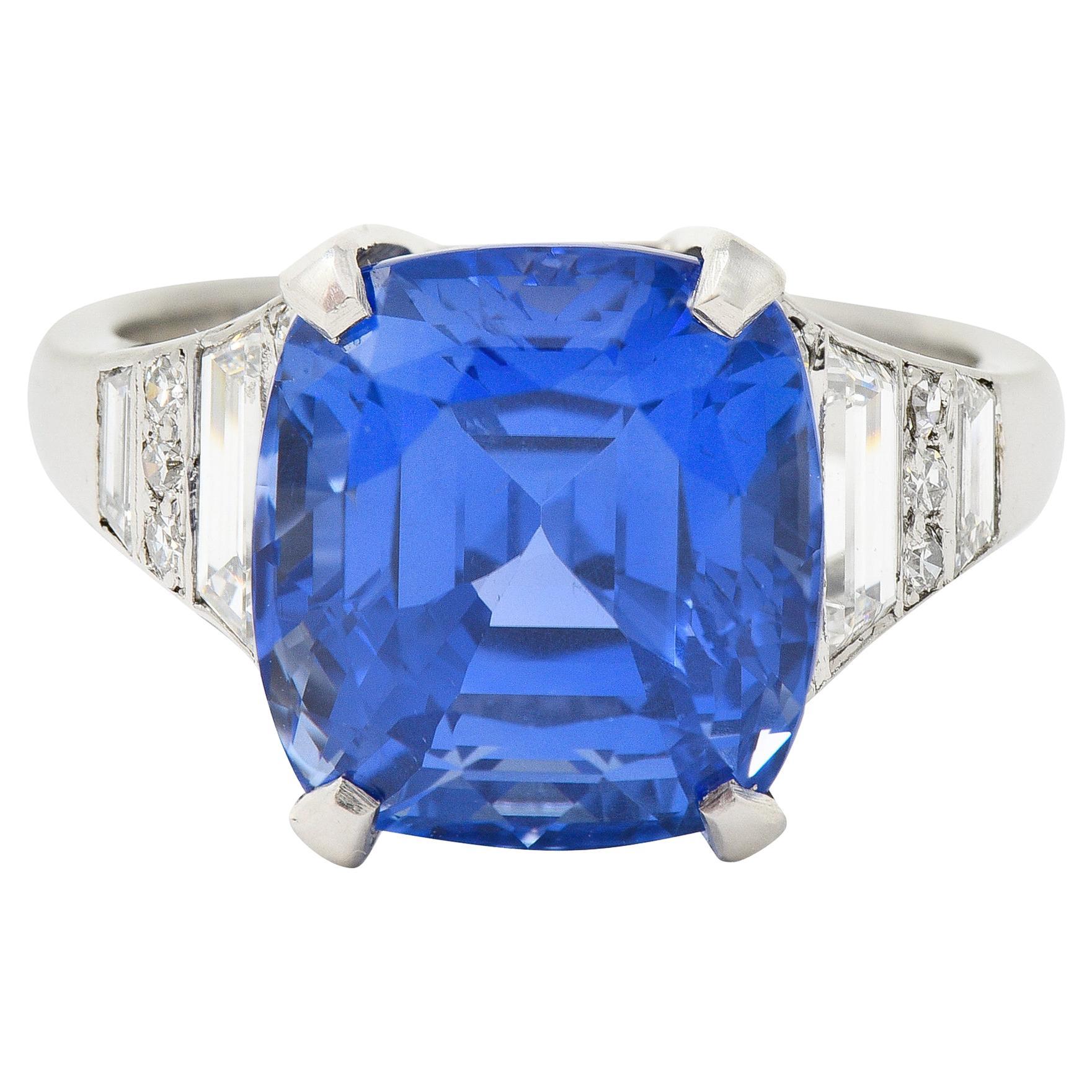 AGL Mid-Century 10.89 Carats No Heat Ceylon Sapphire Diamond Platinum Ring For Sale