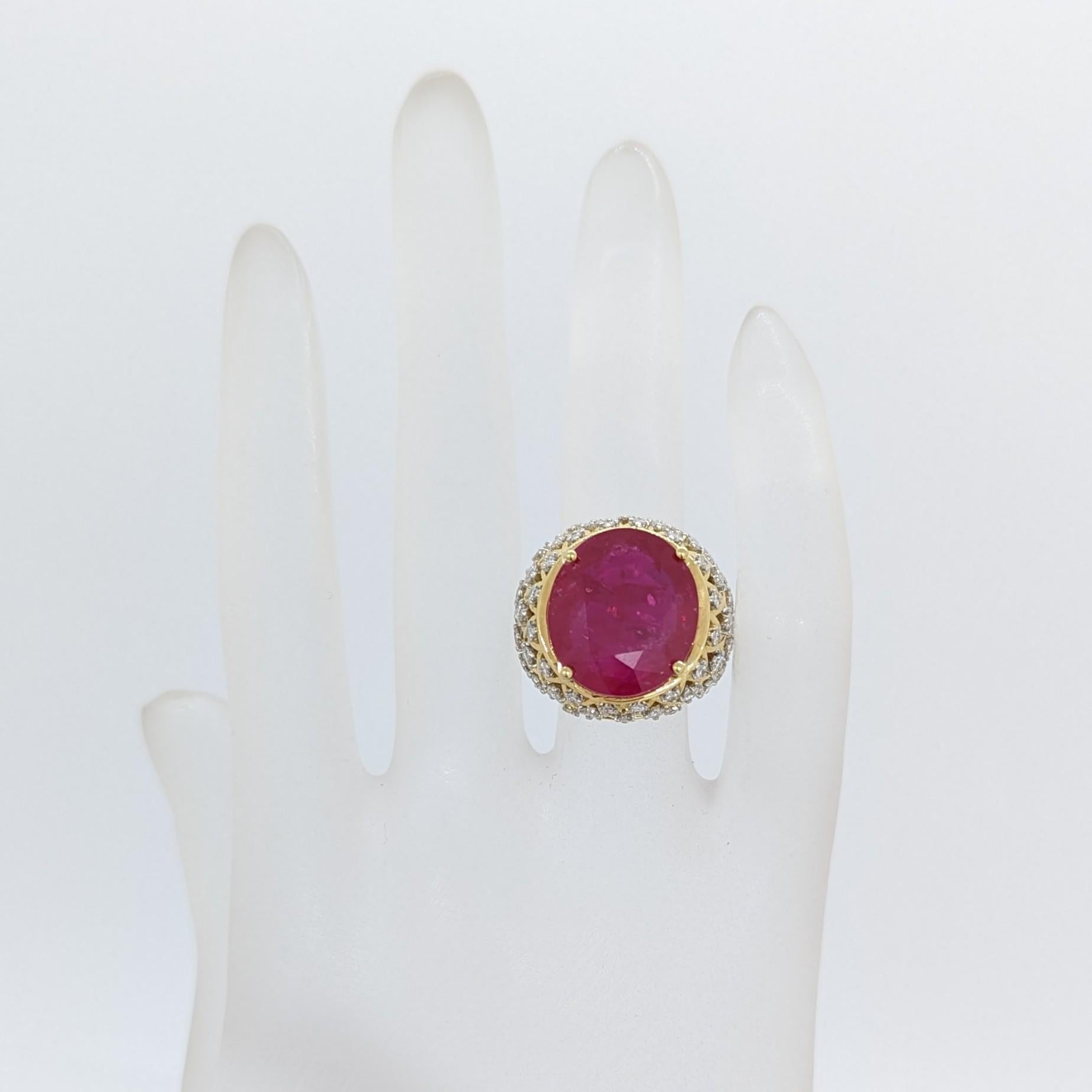 Oval Cut AGL Mozambique Ruby and White Diamond Cocktail Ring in 18k Yellow Gold For Sale