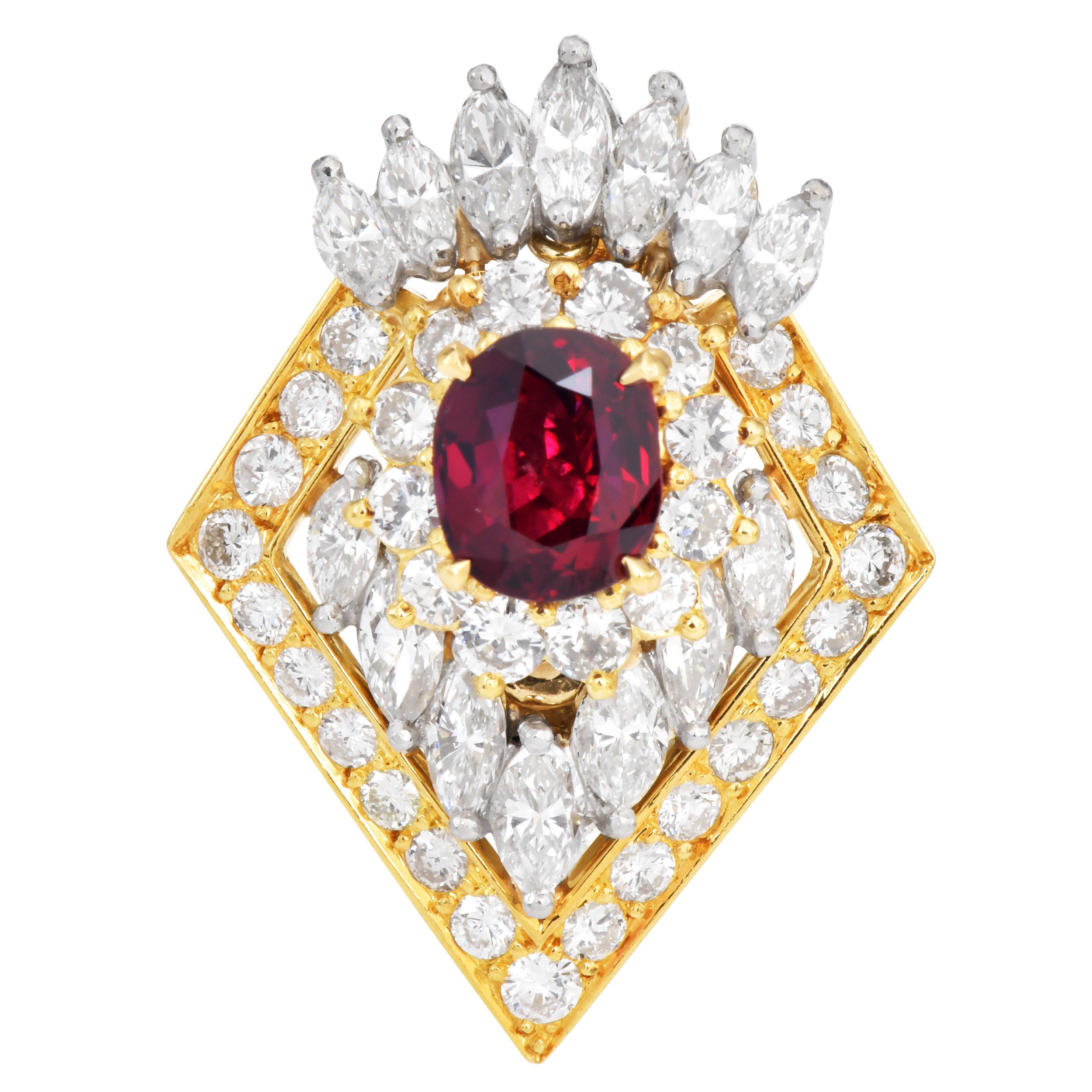 Taglio ovale AGL No Heat Ruby & Diamond 18K Gold Platinum Statement Earrings in vendita