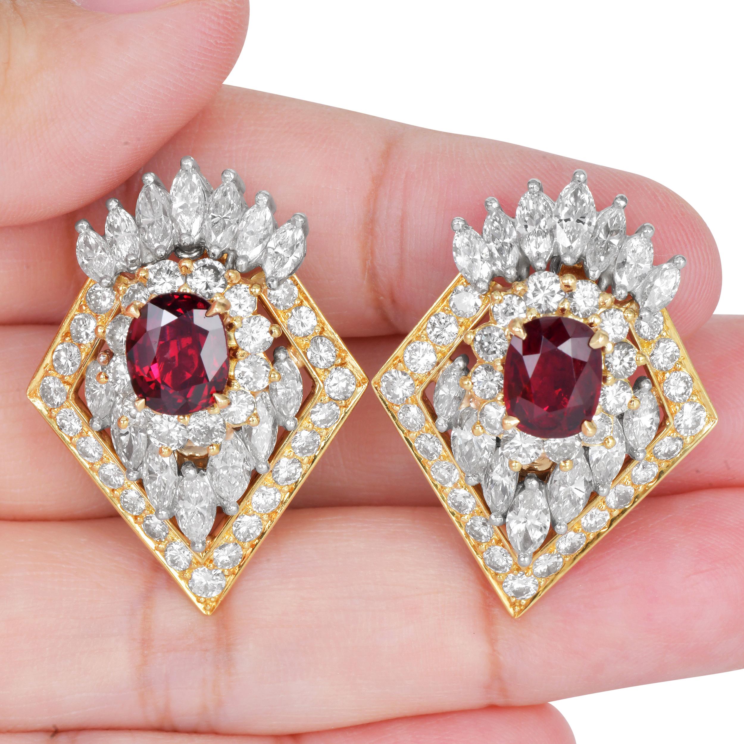 Donna AGL No Heat Ruby & Diamond 18K Gold Platinum Statement Earrings in vendita