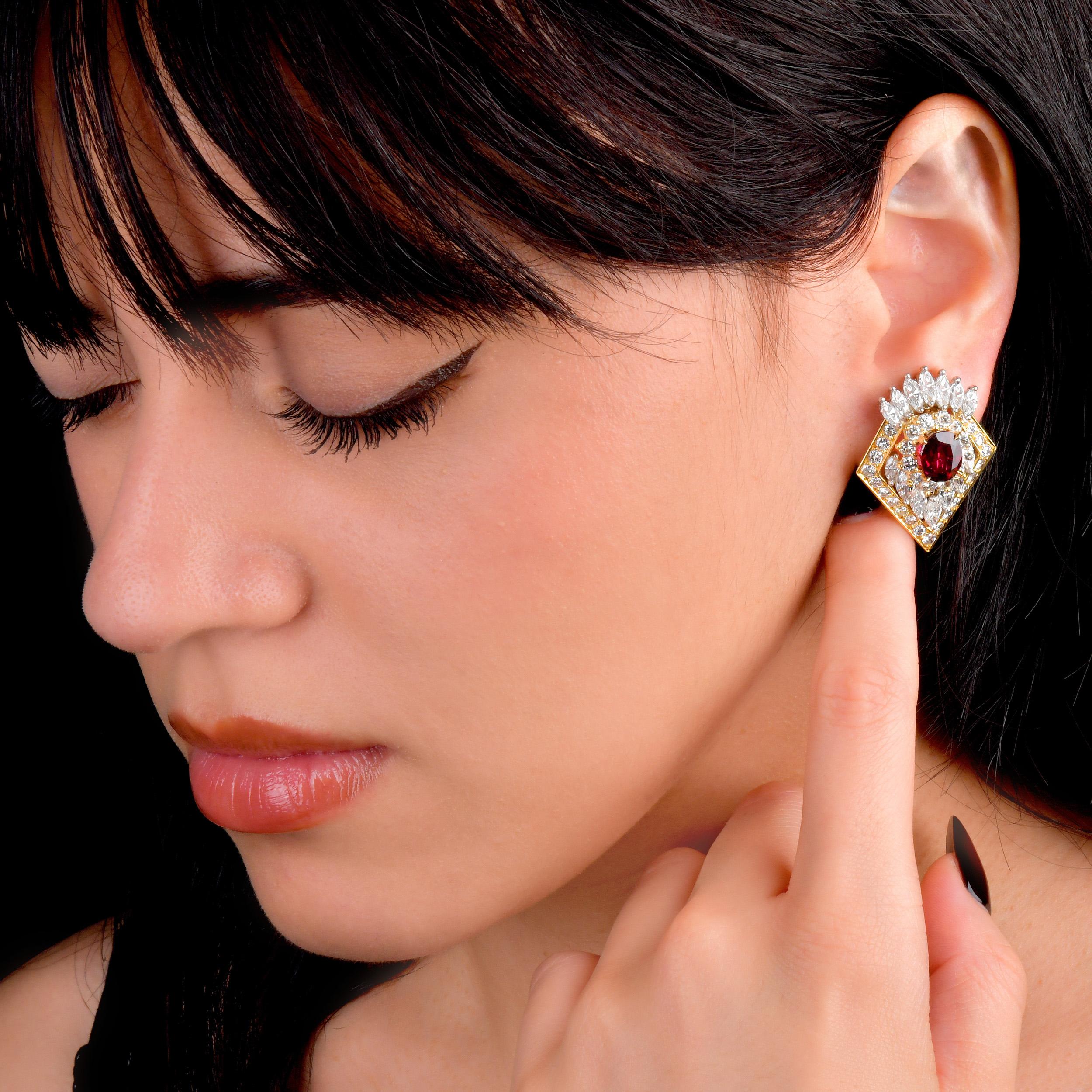 AGL No Heat Ruby & Diamond 18K Gold Platinum Statement Earrings in vendita 1