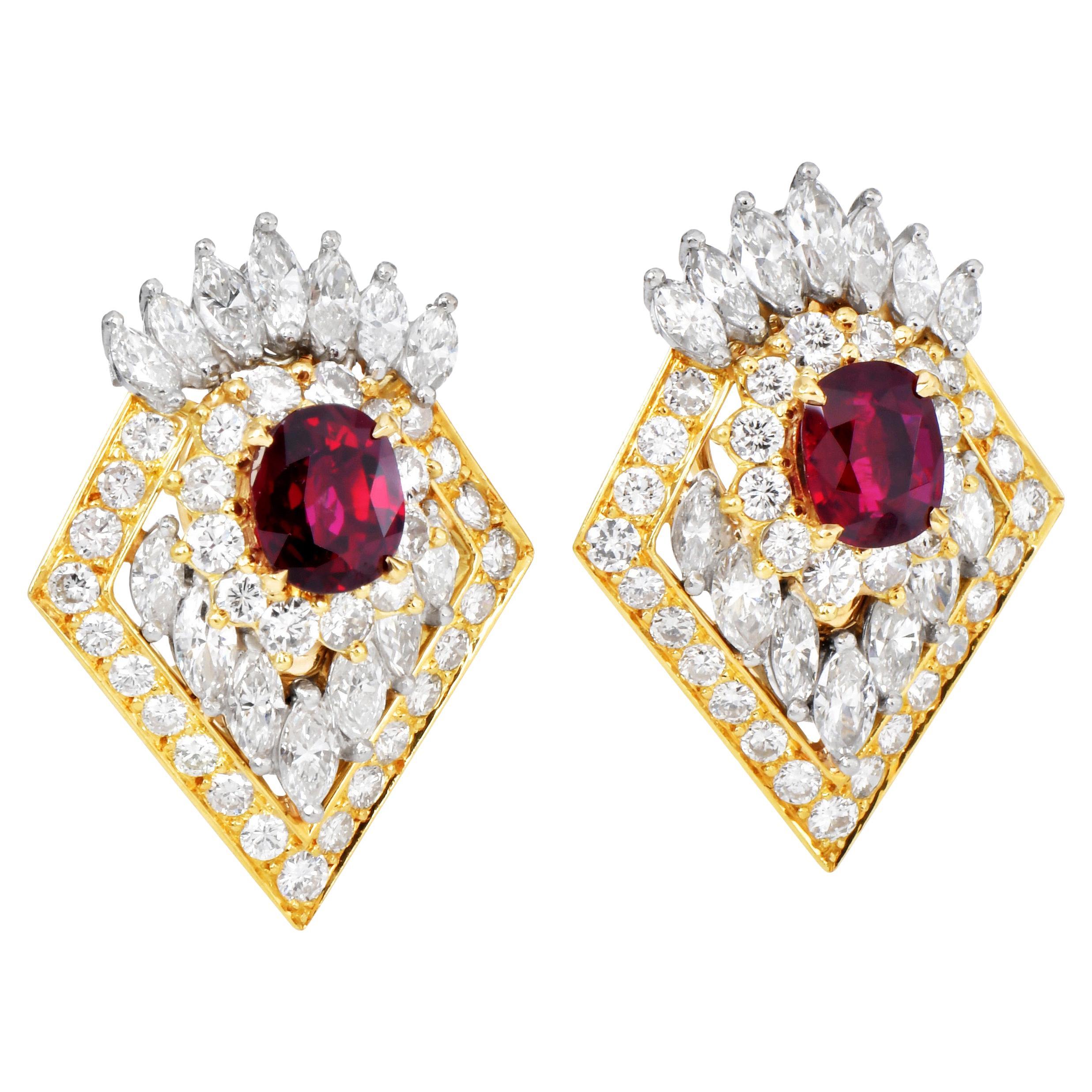 AGL No Heat Ruby 
Diamond 18K Gold Platinum Statement Earrings