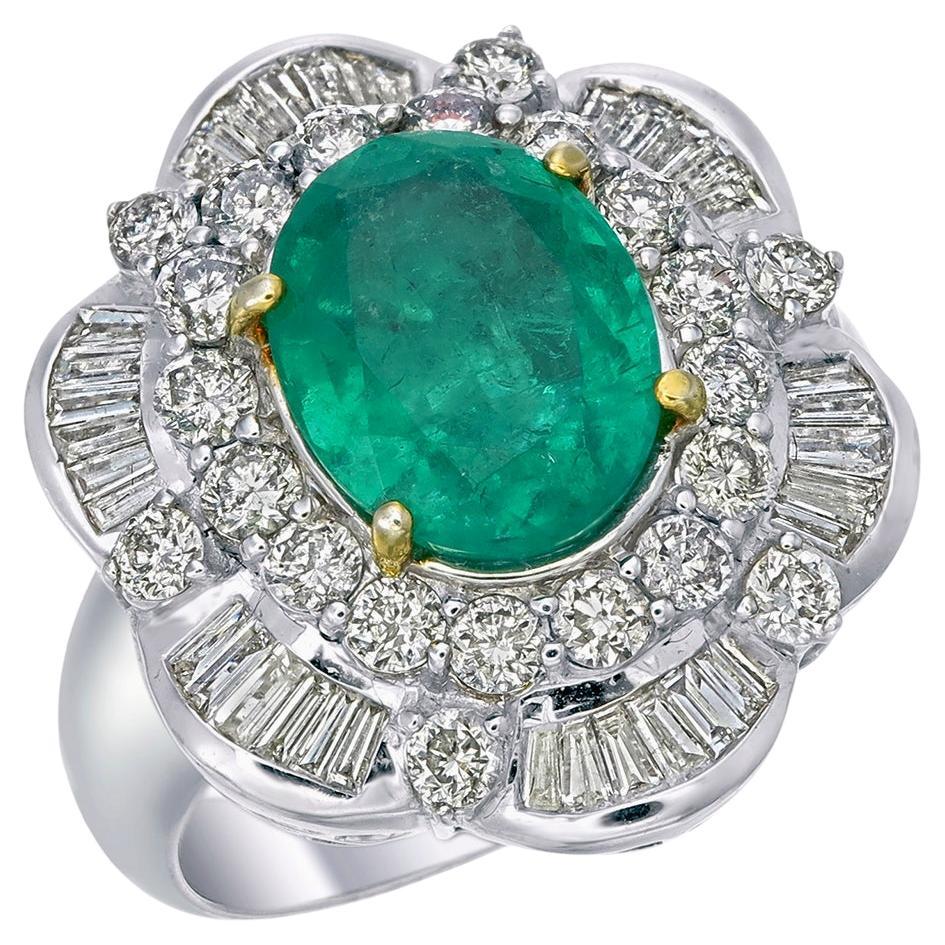 AGL Thai Certified 4.00 Carats Ethiopian Emerald Ring with Diamonds in 18 Karat