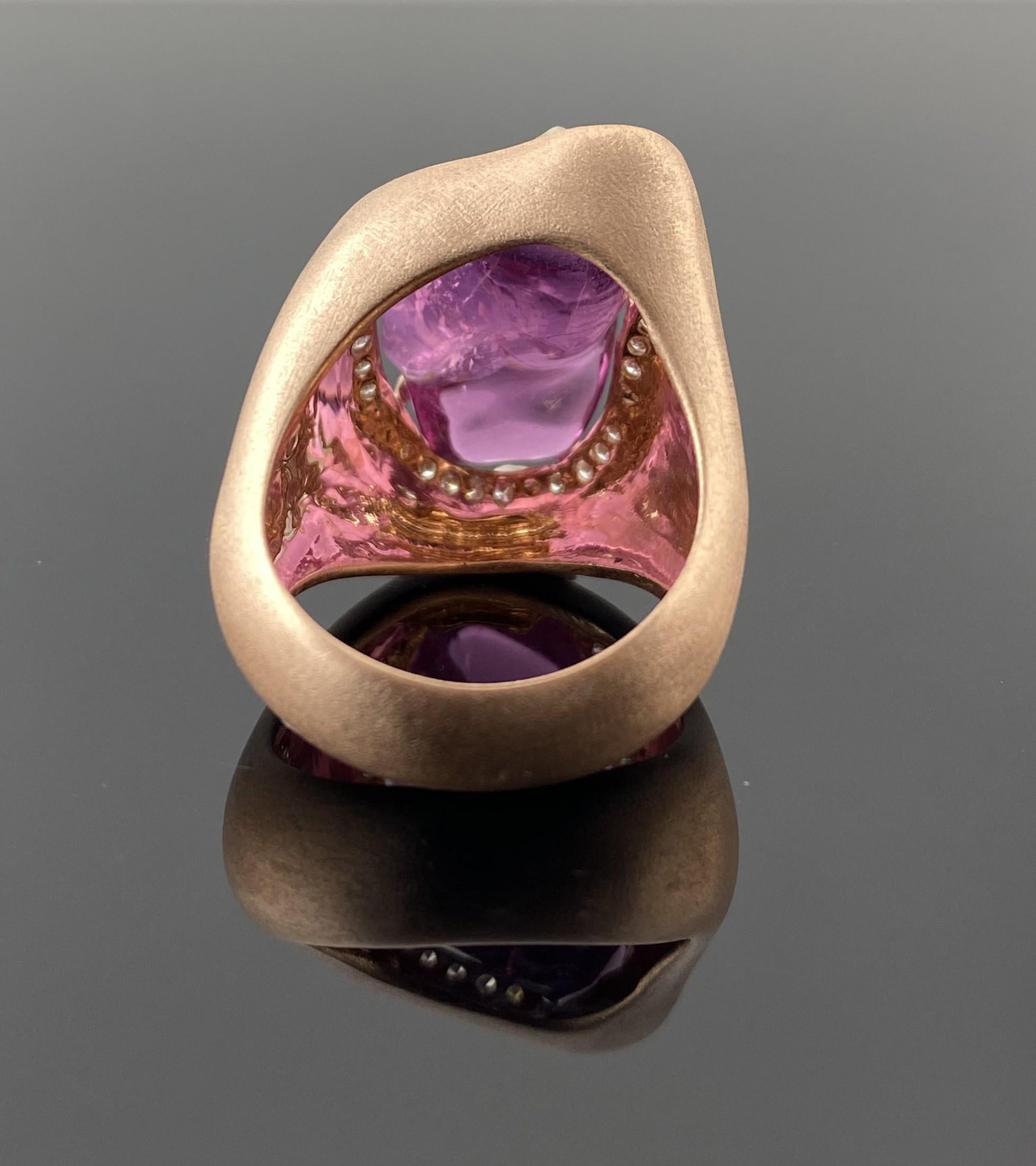 Cabochon Certified Fancy Pink Tourmaline & Diamond Cocktail Ring in 9K Rose Gold For Sale