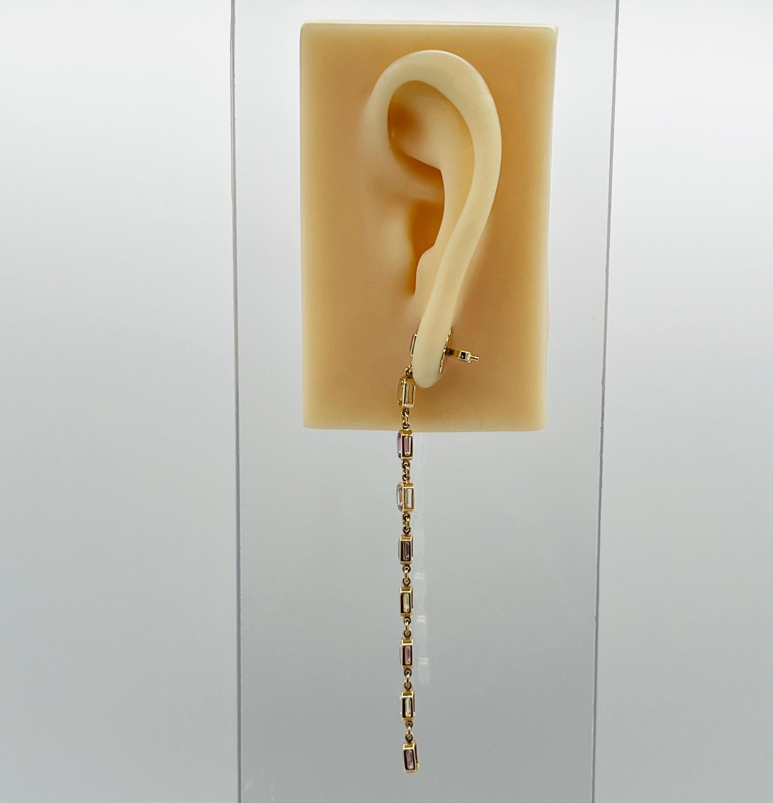 Emerald Cut AGL Unheated Multi-Color Sapphire Dangle Earrings in 14K Yellow Gold For Sale