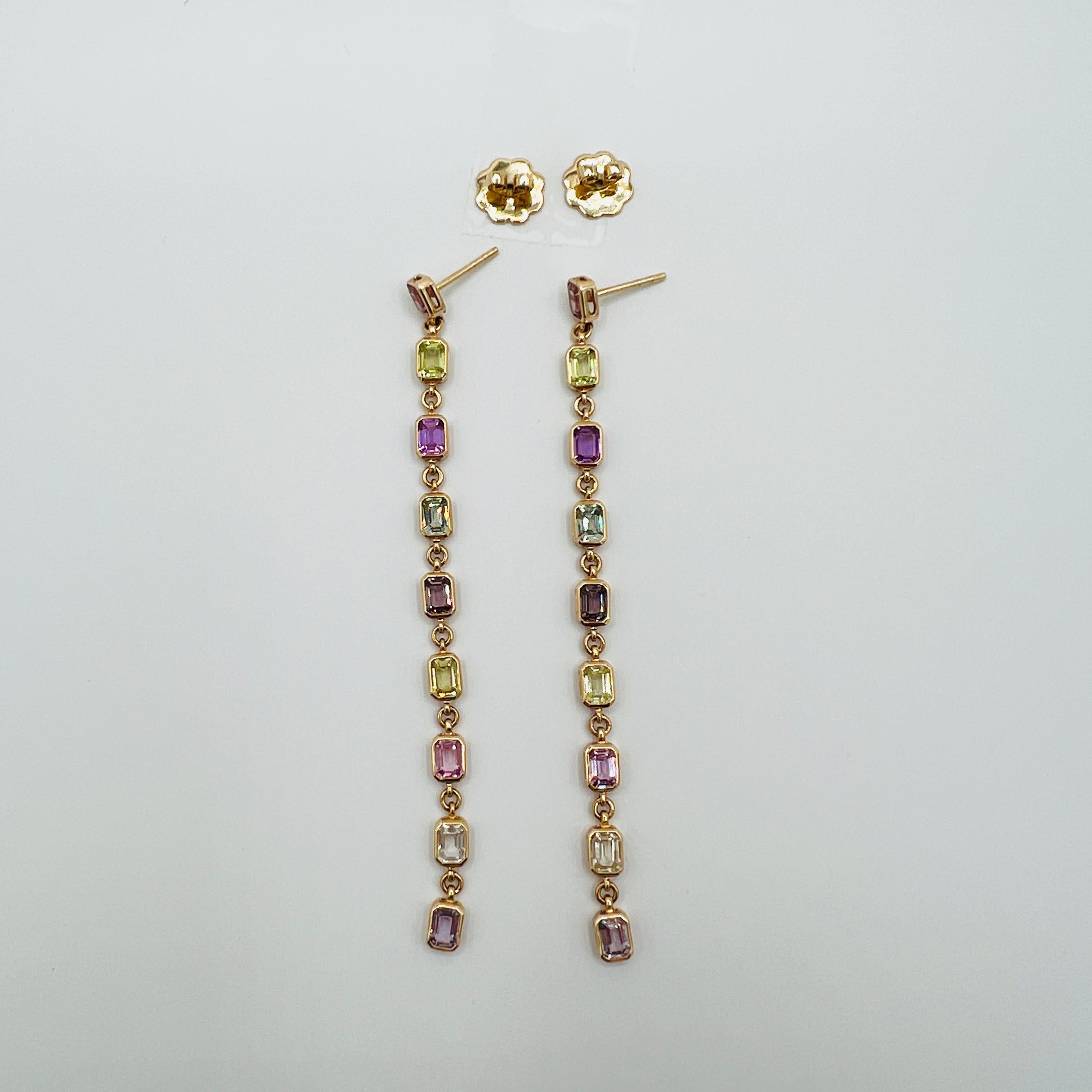 AGL Unheated Multi-Color Sapphire Dangle Earrings in 14K Yellow Gold In New Condition For Sale In Los Angeles, CA