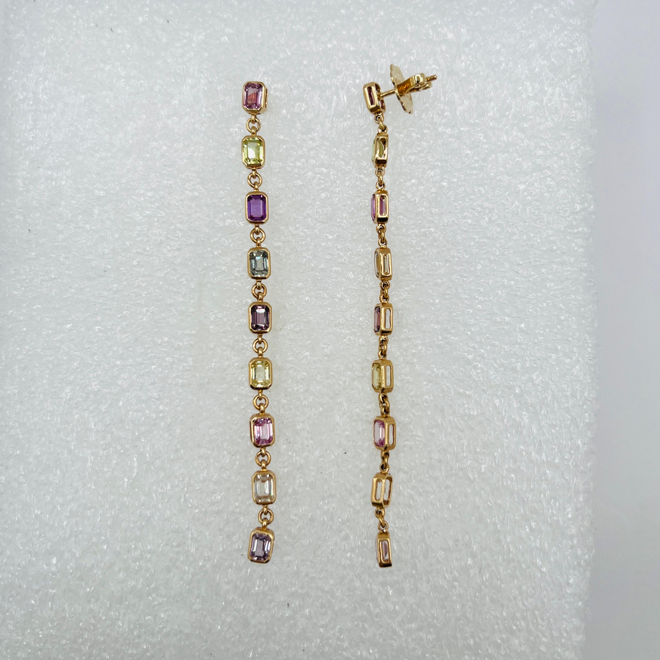 AGL Unheated Multi-Color Sapphire Dangle Earrings in 14K Yellow Gold For Sale 2