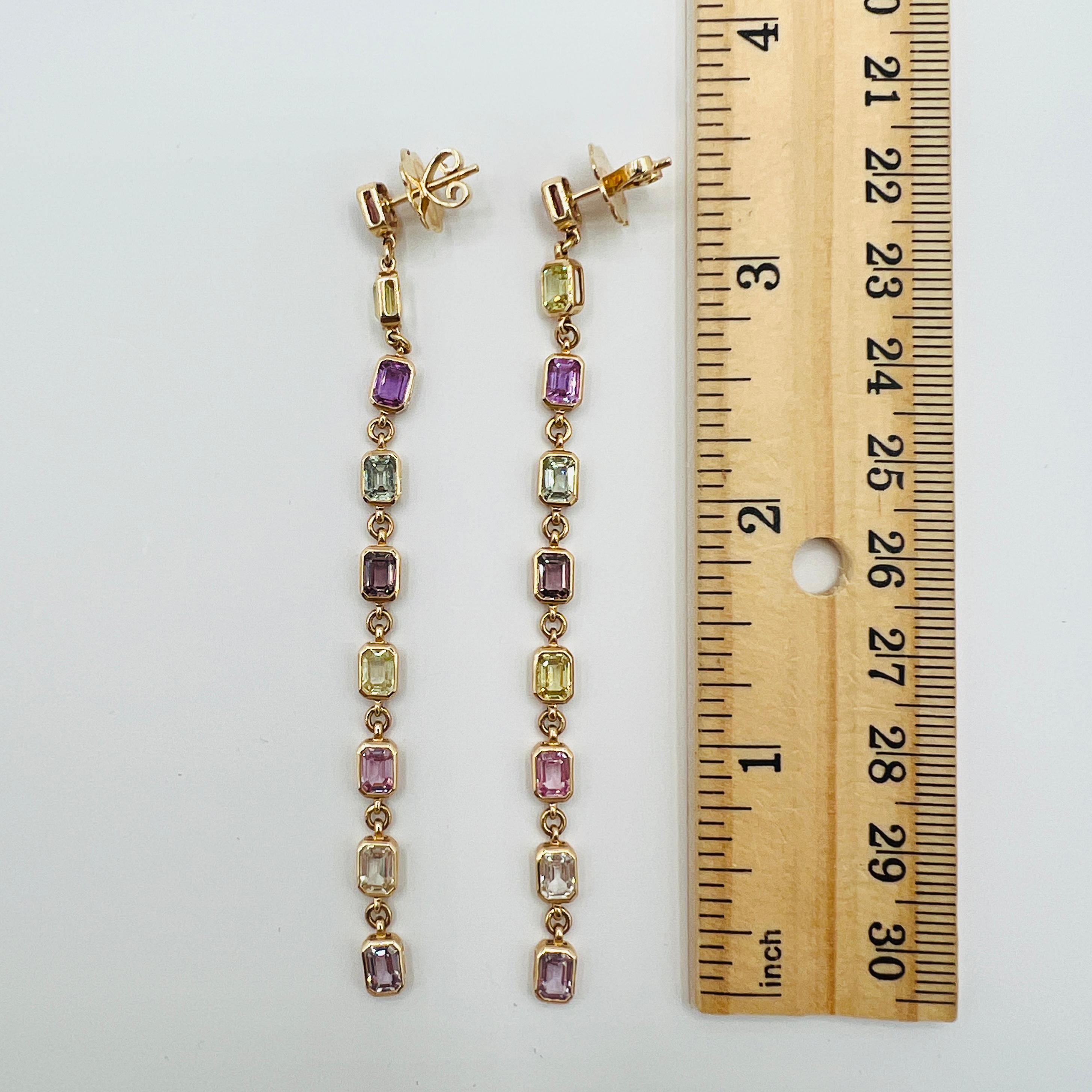 AGL Unheated Multi-Color Sapphire Dangle Earrings in 14K Yellow Gold For Sale 3