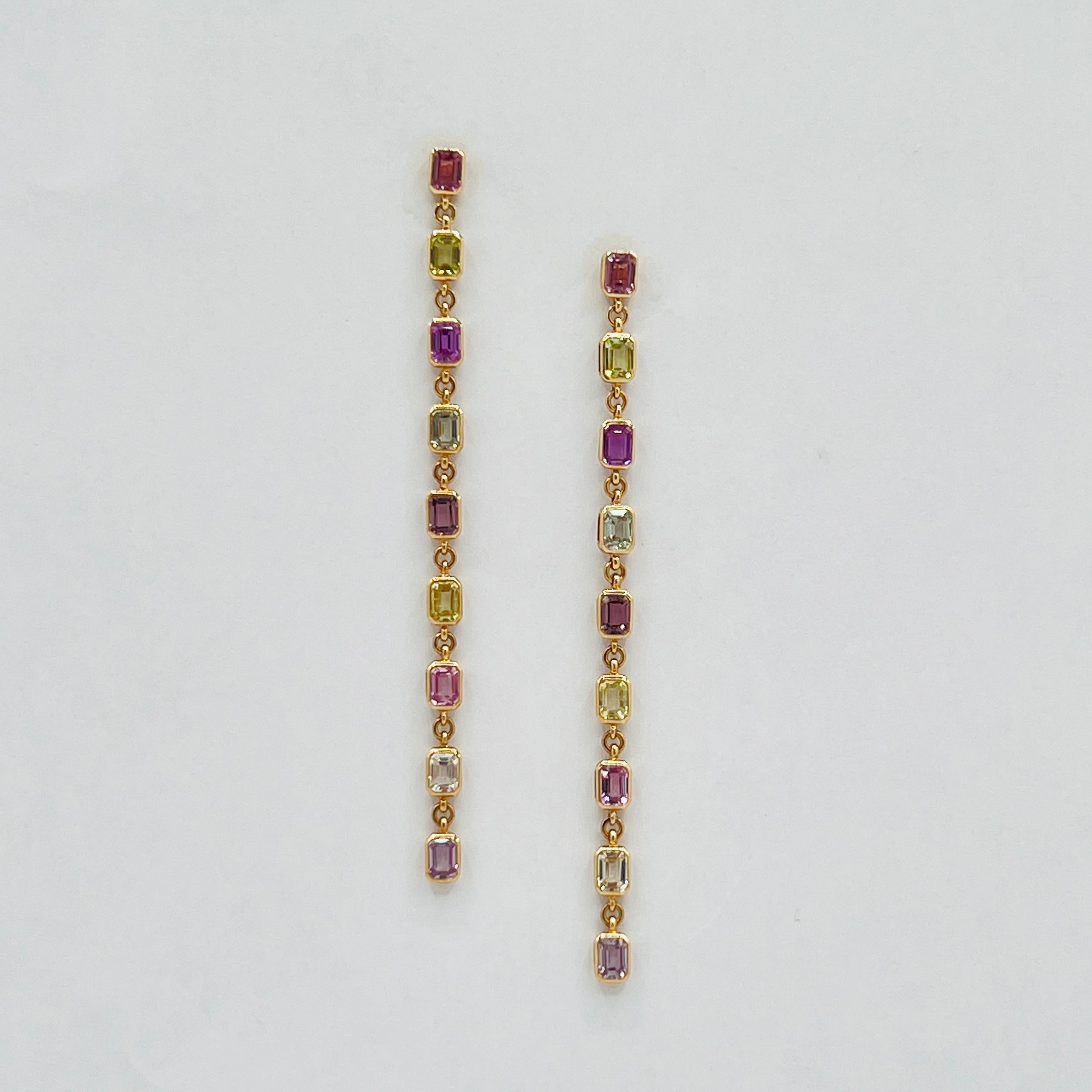 AGL Unheated Multi-Color Sapphire Dangle Earrings in 14K Yellow Gold For Sale