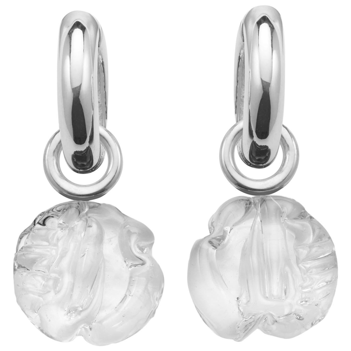 AGMES Hand Blown Clear Venetian Glass Earrings with Sterling Silver Hinge Hoops For Sale