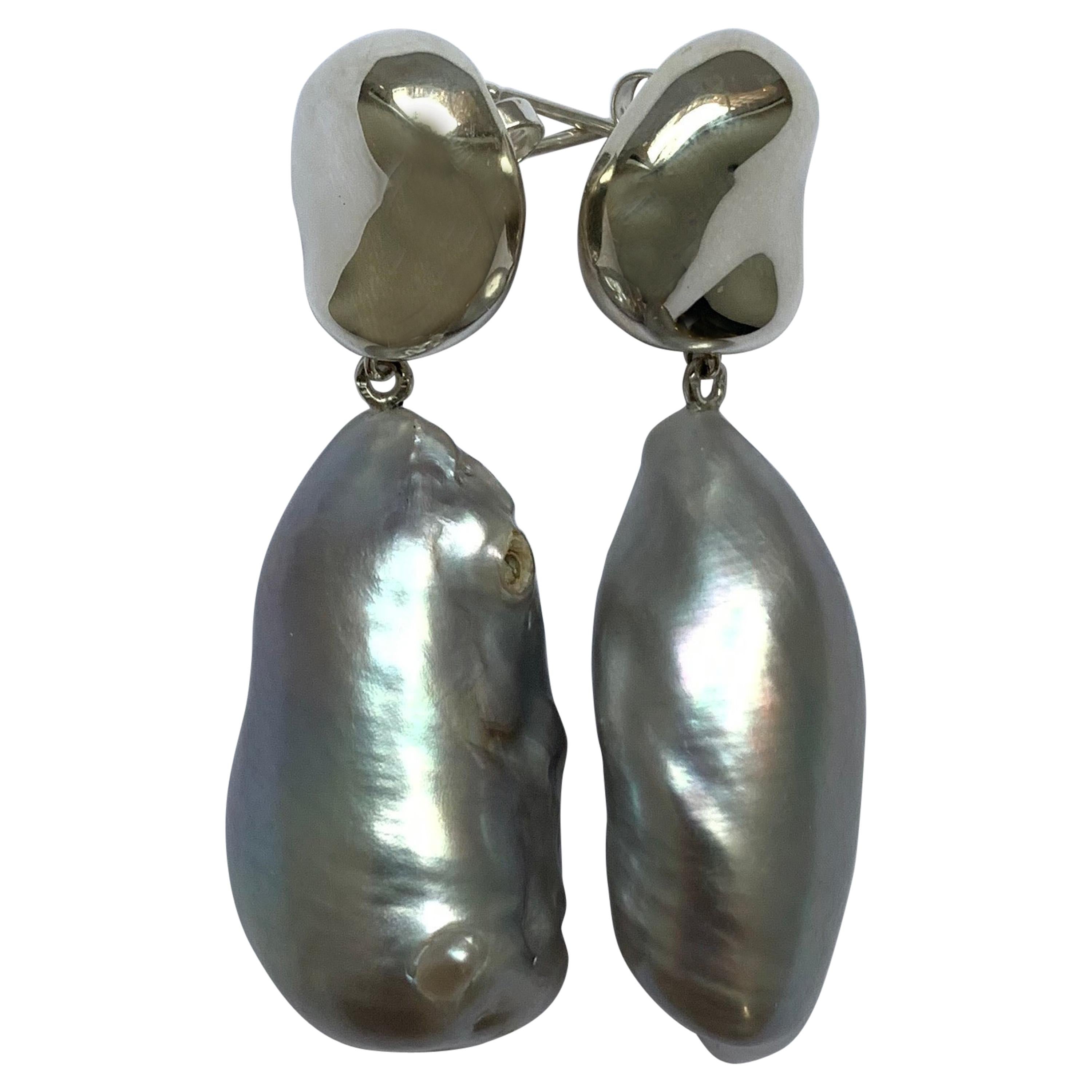 AGMES Sterling Silver Baroque Freshwater Dark Pearl Organic Shape Drop Earrings