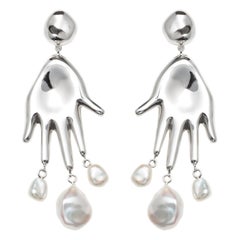 AGMES Sterling Silver Sculptural Hand Drop Dangle Earrings with Baroque Pearls