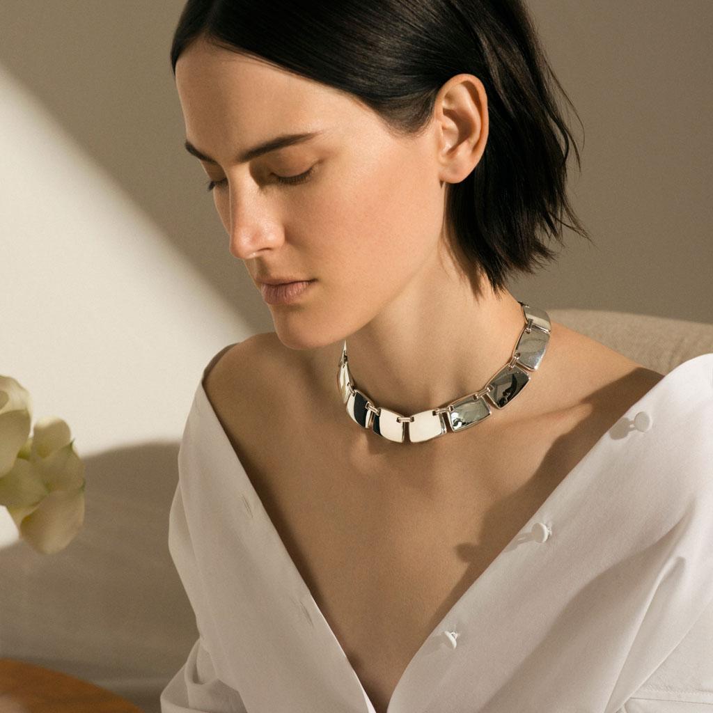 Contemporary AGMES Sterling Silver Unique Elegant Statement Link Collar Necklace