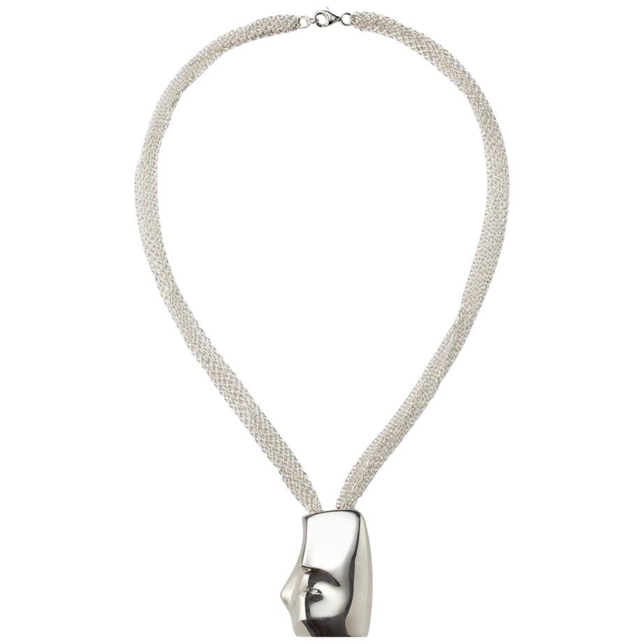 AGMES Unique Sterling Silver Sculptural Face Pendant Chain Necklace For Sale