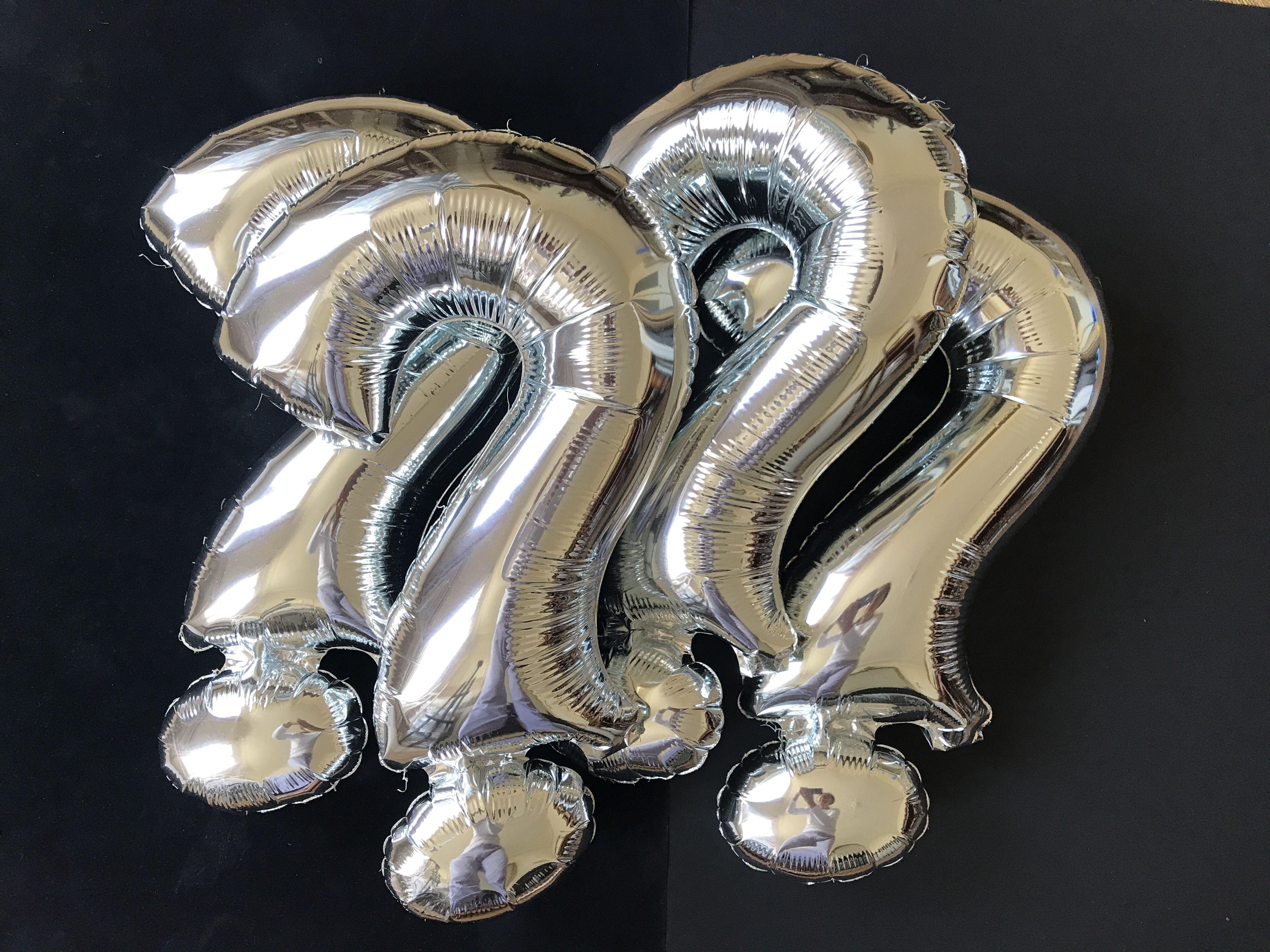 Four silver balloons representing question marks on a black background; Painted with several layers of paint on a fine canvas,  :: Painting :: Photorealism :: This piece comes with an official certificate of authenticity signed by the artist ::