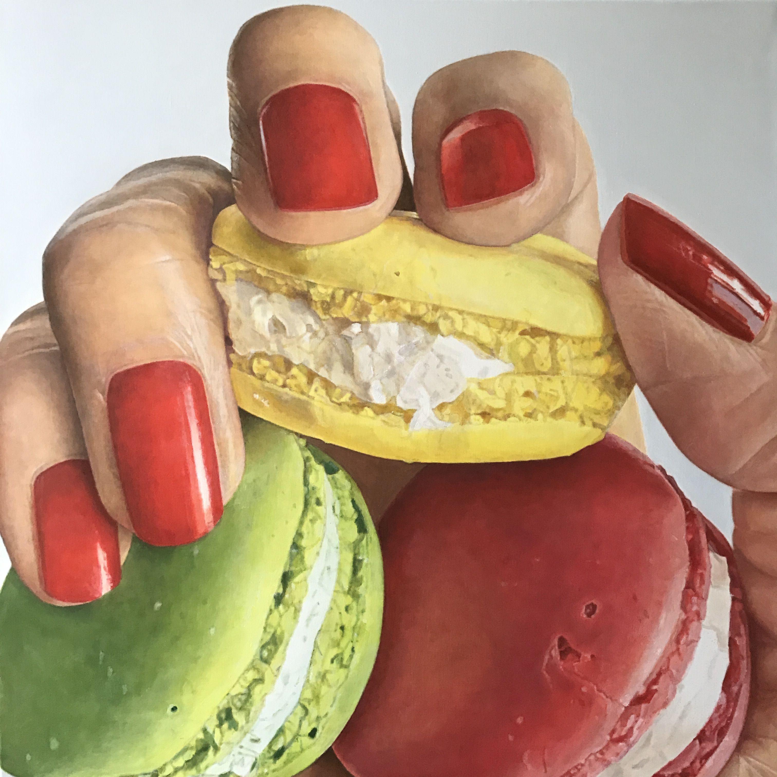 Hand holding three macaroons on a white backgroune :: Painting :: Photorealism :: This piece comes with an official certificate of authenticity signed by the artist :: Ready to Hang: No :: Signed: Yes :: Signature Location: back :: Canvas ::