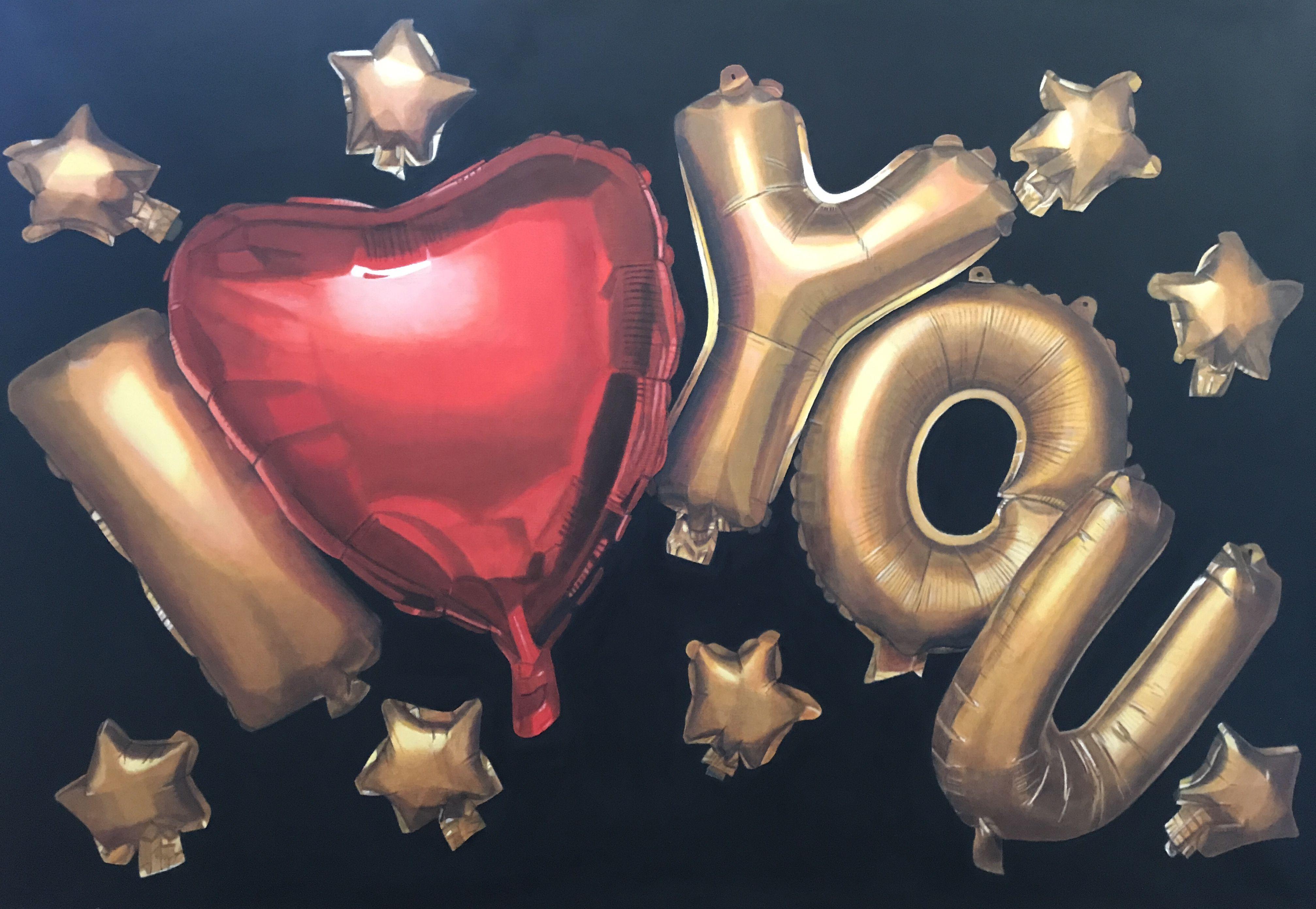 "I LOVE YOU" made with red and gold balloons on a black background. Several layers of paint, using traditionnal tools,  :: Painting :: Photorealism :: This piece comes with an official certificate of authenticity signed by the artist :: Ready to