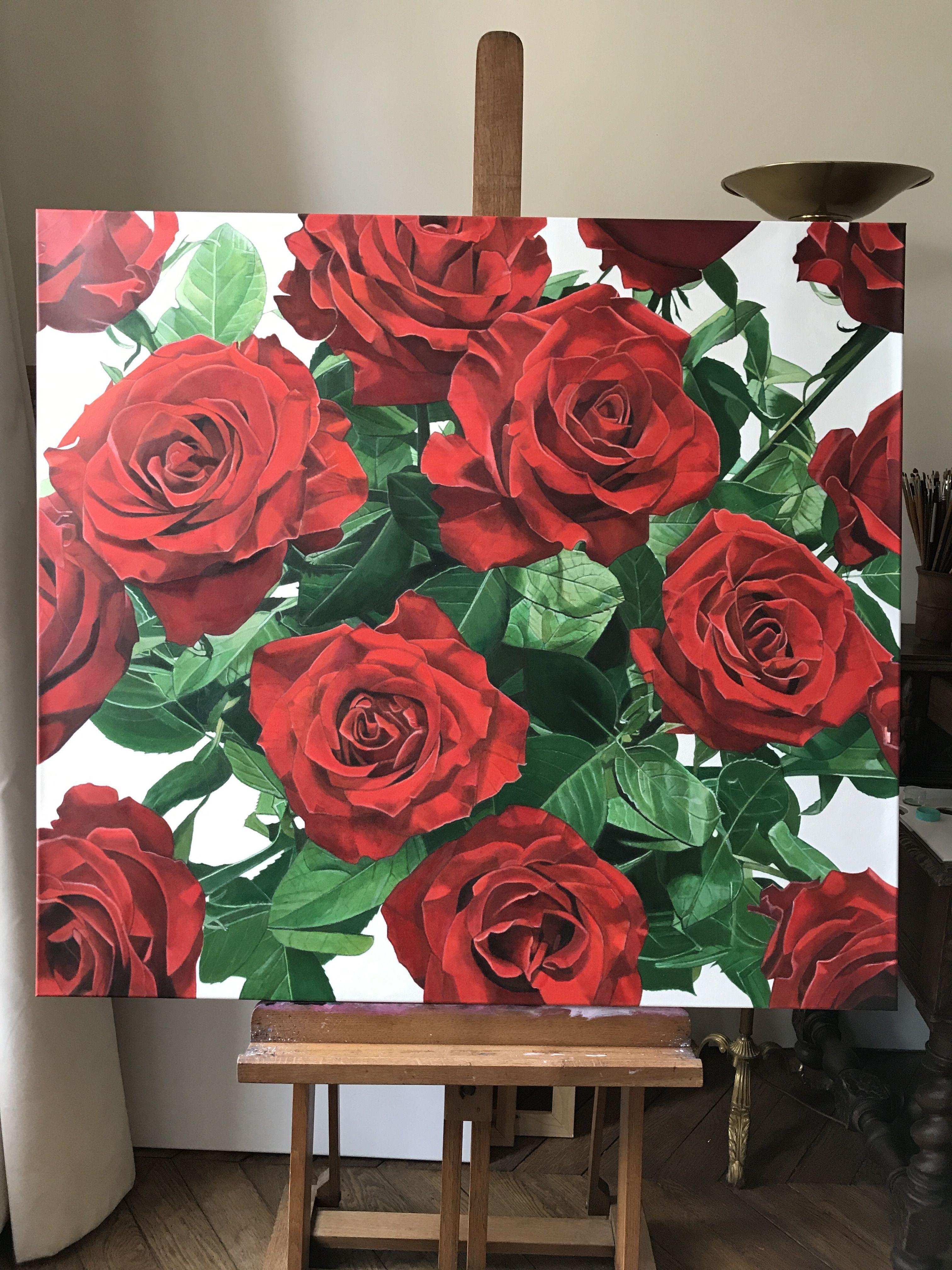 Les roses rouges (Le rose rosse), Pittura, Olio su tela - Painting Fotorealista di AgnÃ¨s LefÃ¨vre