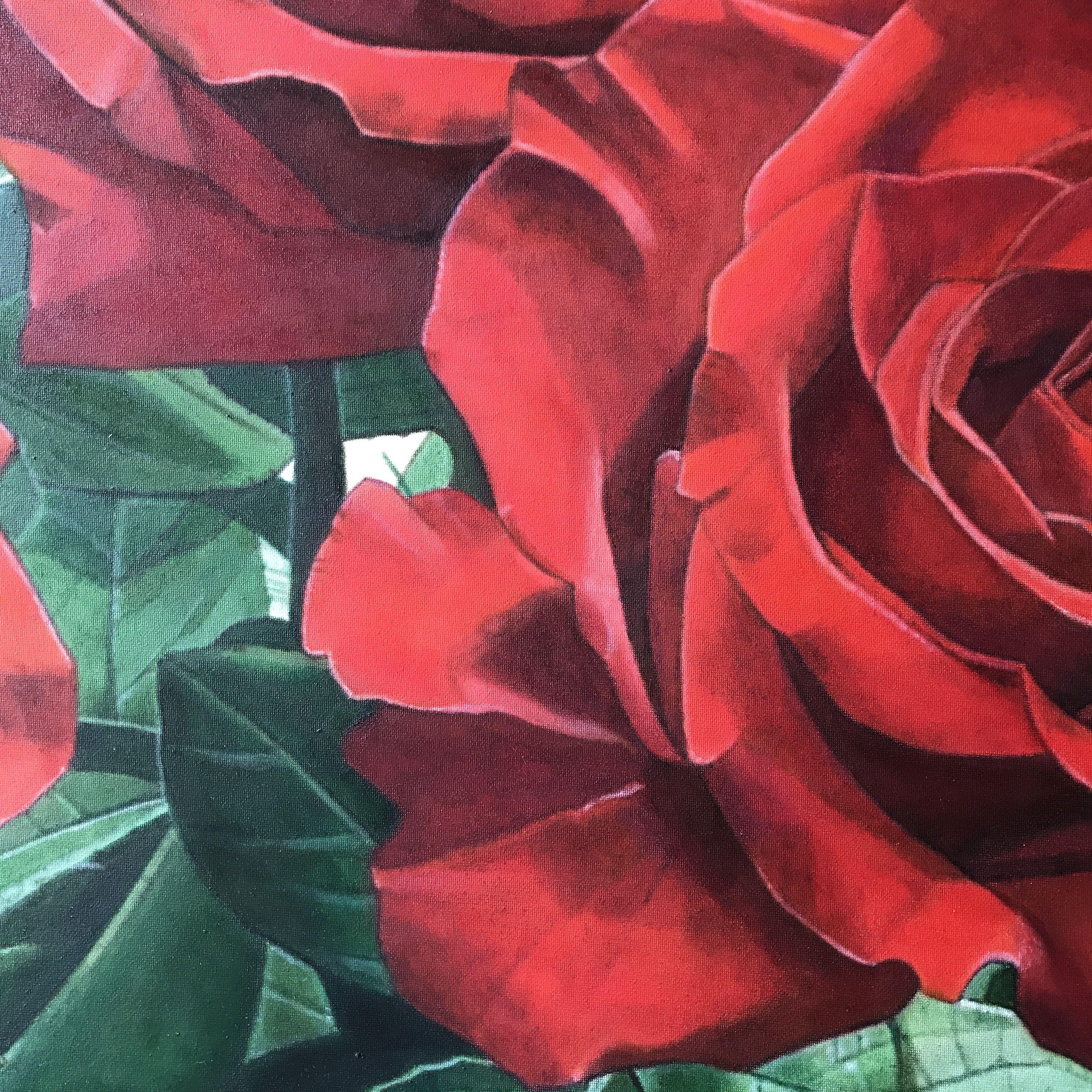 Rose rosse su sfondo bianco  Diversi strati di pittura su una tela pregiata :: Pittura :: Fotorealismo :: Questo pezzo viene fornito con un certificato ufficiale di autenticità firmato dall'artista :: Pronto da appendere: No :: Firmato: Yes ::