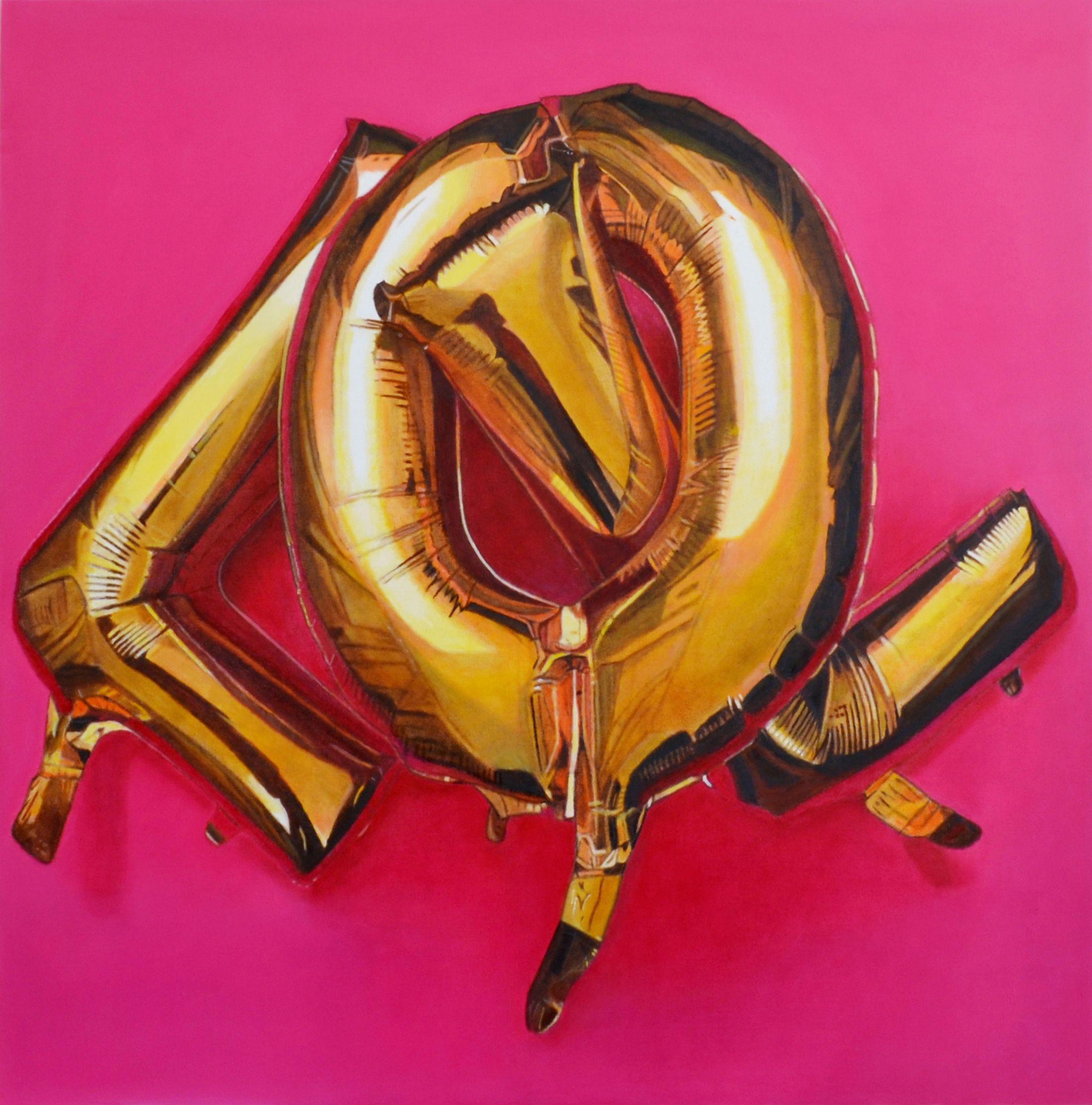 LOL written with gold balloons on a pink background :: Painting :: Photorealism :: This piece comes with an official certificate of authenticity signed by the artist :: Ready to Hang: Yes :: Signed: Yes :: Signature Location: Back :: Canvas ::