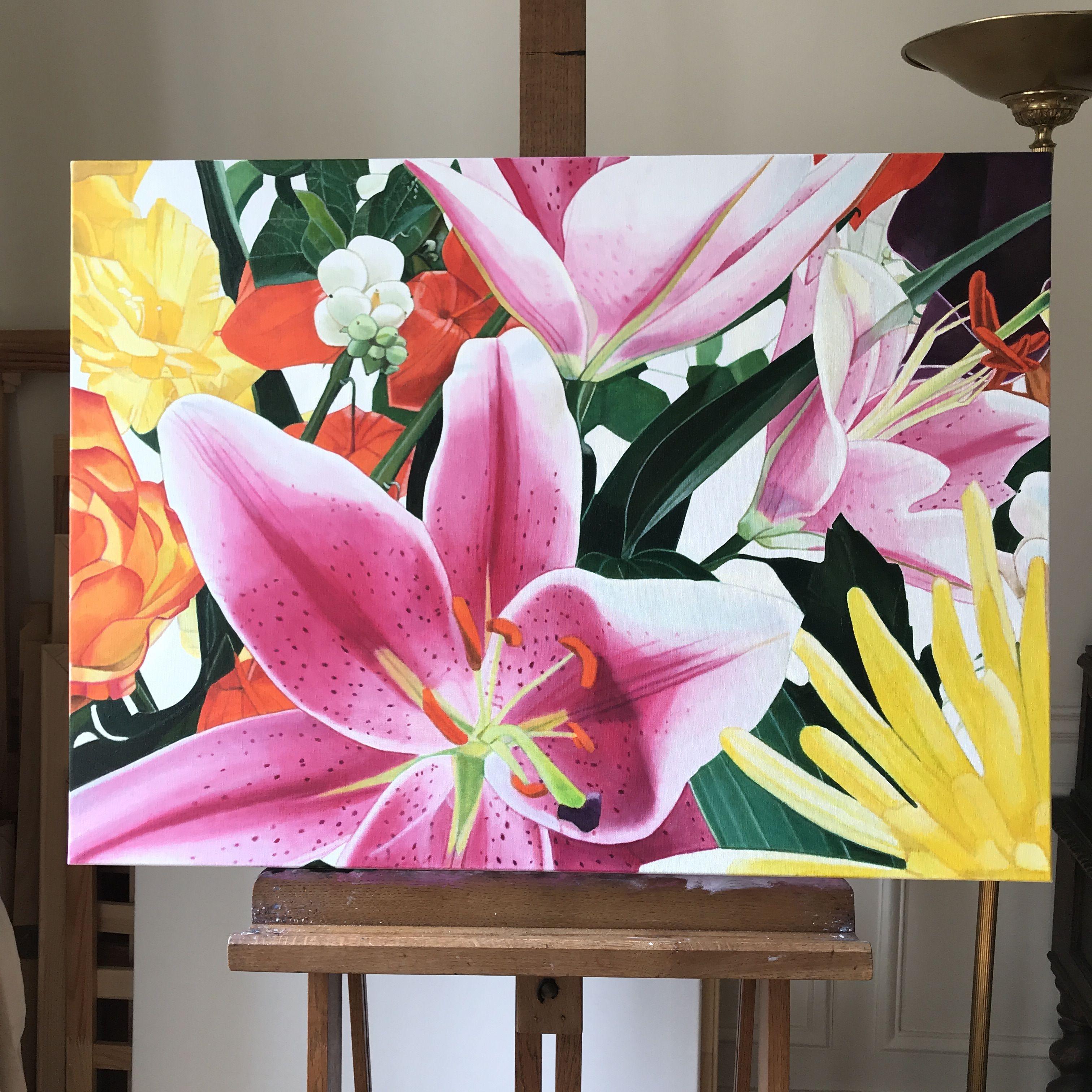 Lys roses (Pink lilies), Painting, Oil on Canvas For Sale 1