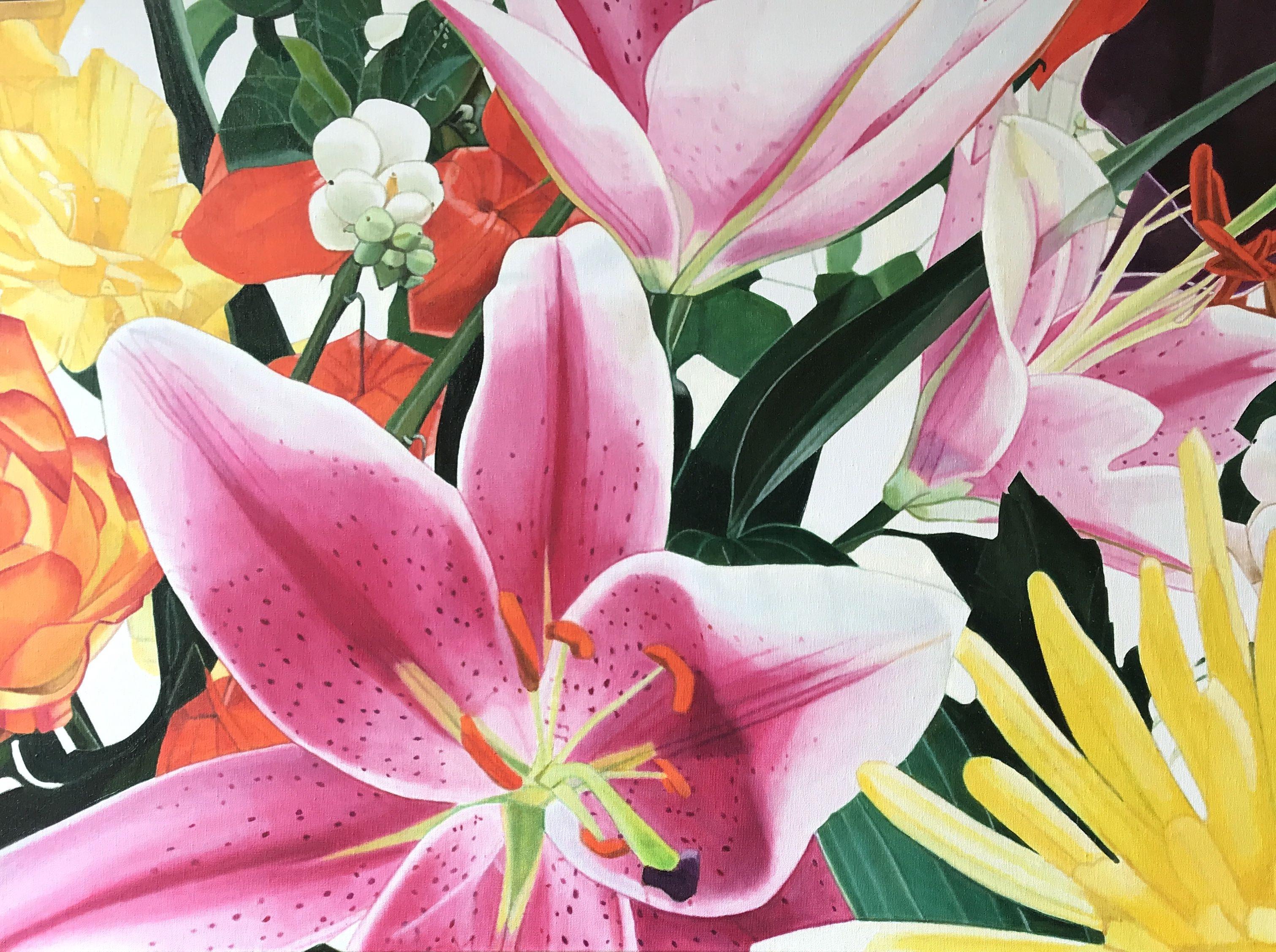 Pink lilies and other flowers on a white background.   Several layers of paint.  Matt varnish :: Painting :: Photorealism :: This piece comes with an official certificate of authenticity signed by the artist :: Ready to Hang: No :: Signed: Yes ::