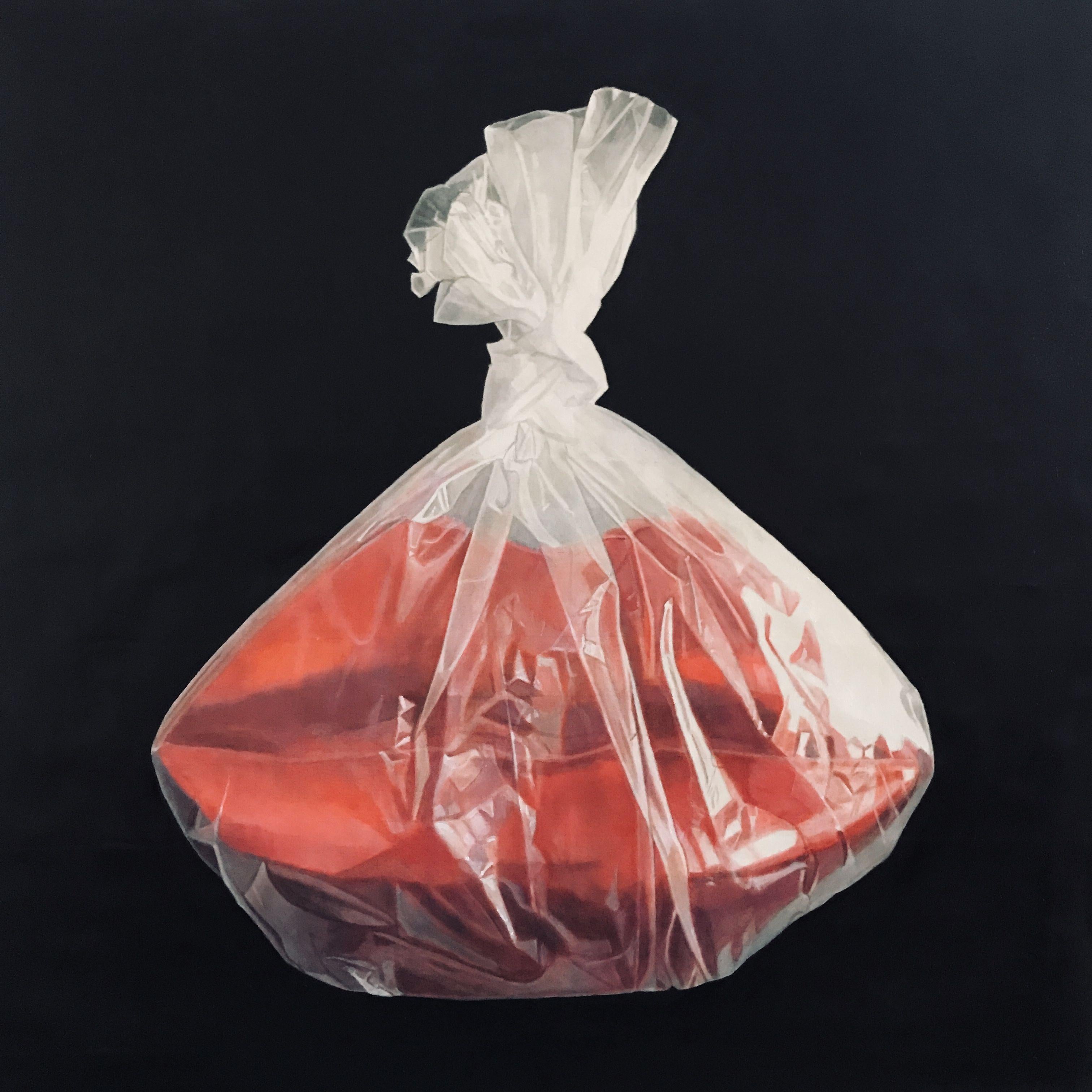 A red moouth in a white plastic bag on a black background :: Painting :: Photorealism :: This piece comes with an official certificate of authenticity signed by the artist :: Ready to Hang: Yes :: Signed: Yes :: Signature Location: Back :: Canvas ::