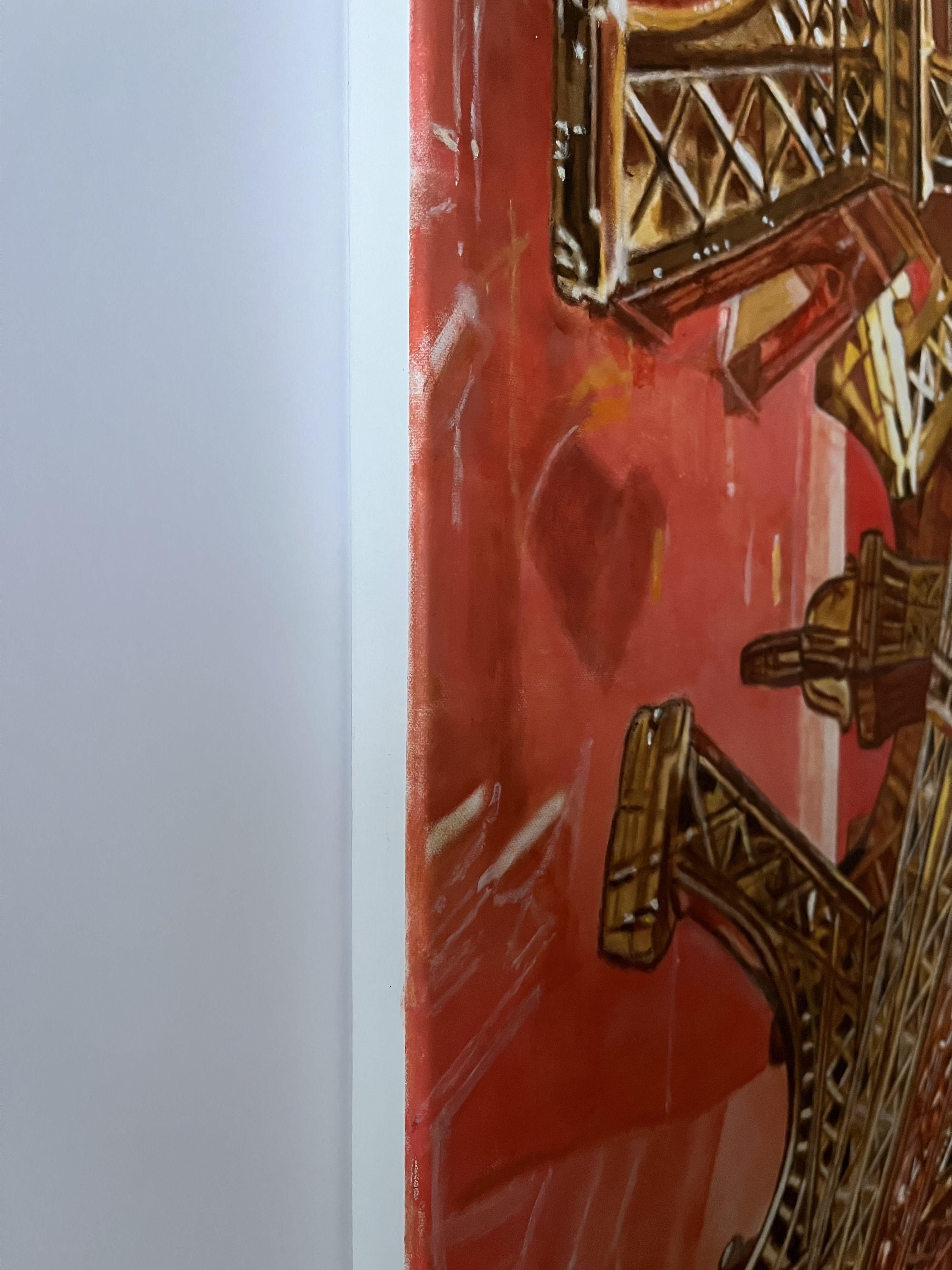 Goldene Eiffeltürme in einer transparenten Schachtel auf rosa-orangem Hintergrund :: Gemälde :: Fotorealismus :: Dieses Werk wird mit einem offiziellen, vom Künstler unterzeichneten Echtheitszertifikat geliefert :: Bereit zum Aufhängen: Ja ::