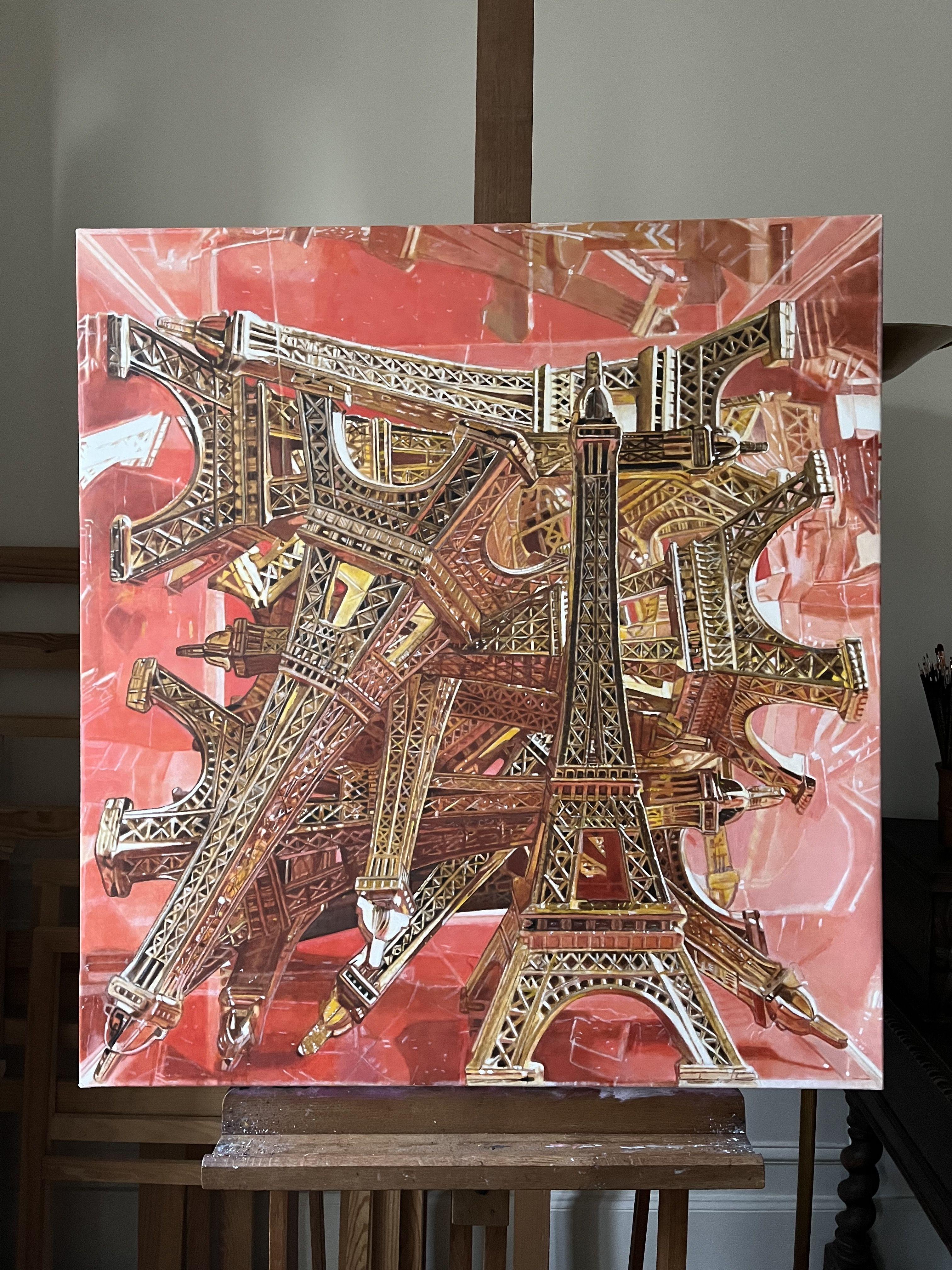 Golden Eiffel towers in a transparent box on a pink-orange backgroune :: Painting :: Photorealism :: This piece comes with an official certificate of authenticity signed by the artist :: Ready to Hang: Yes :: Signed: Yes :: Signature Location: Back