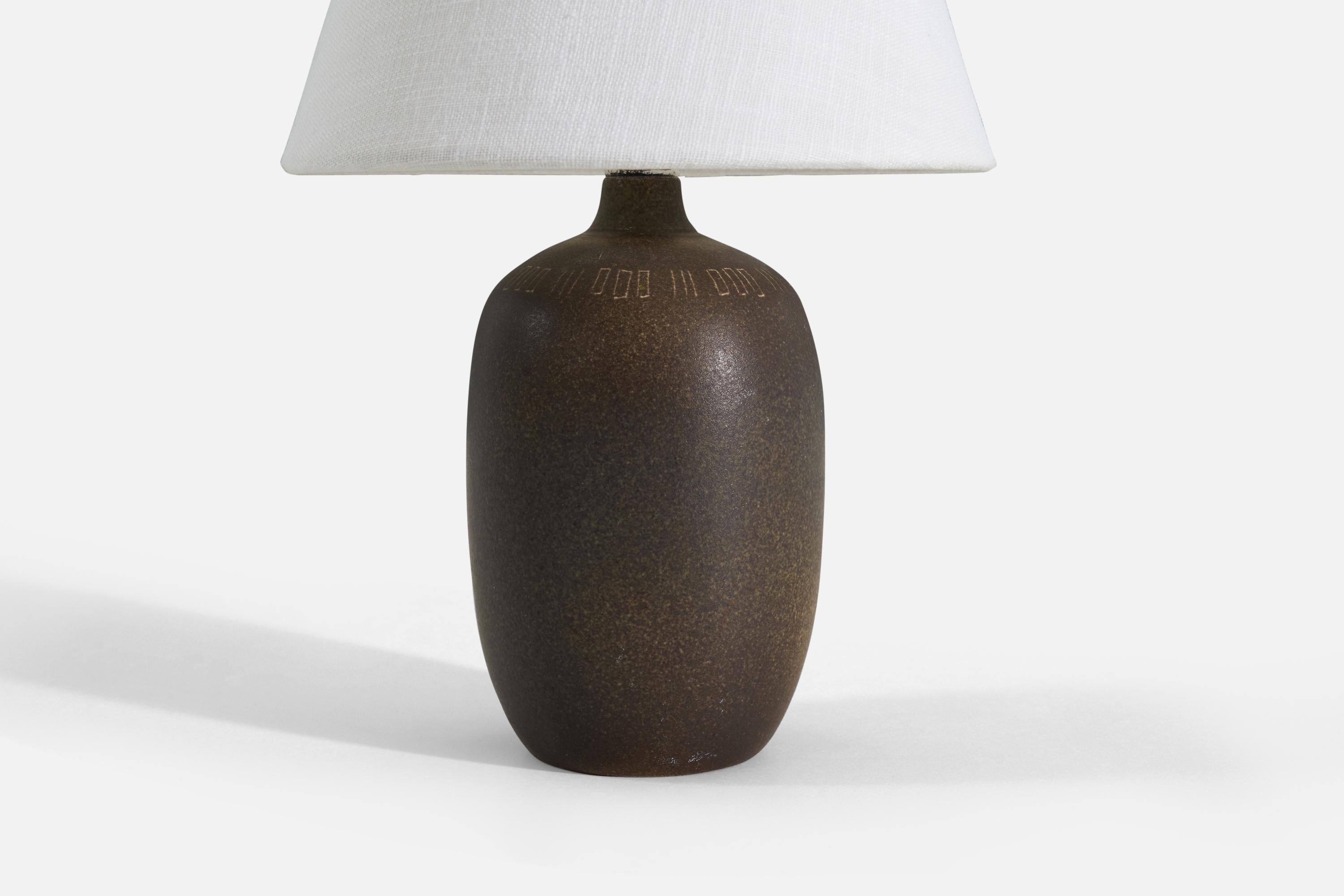 Swedish  Agne Aronson, Table Lamp, Brown-Glazed Stoneware, Sweden, c. 1960s For Sale