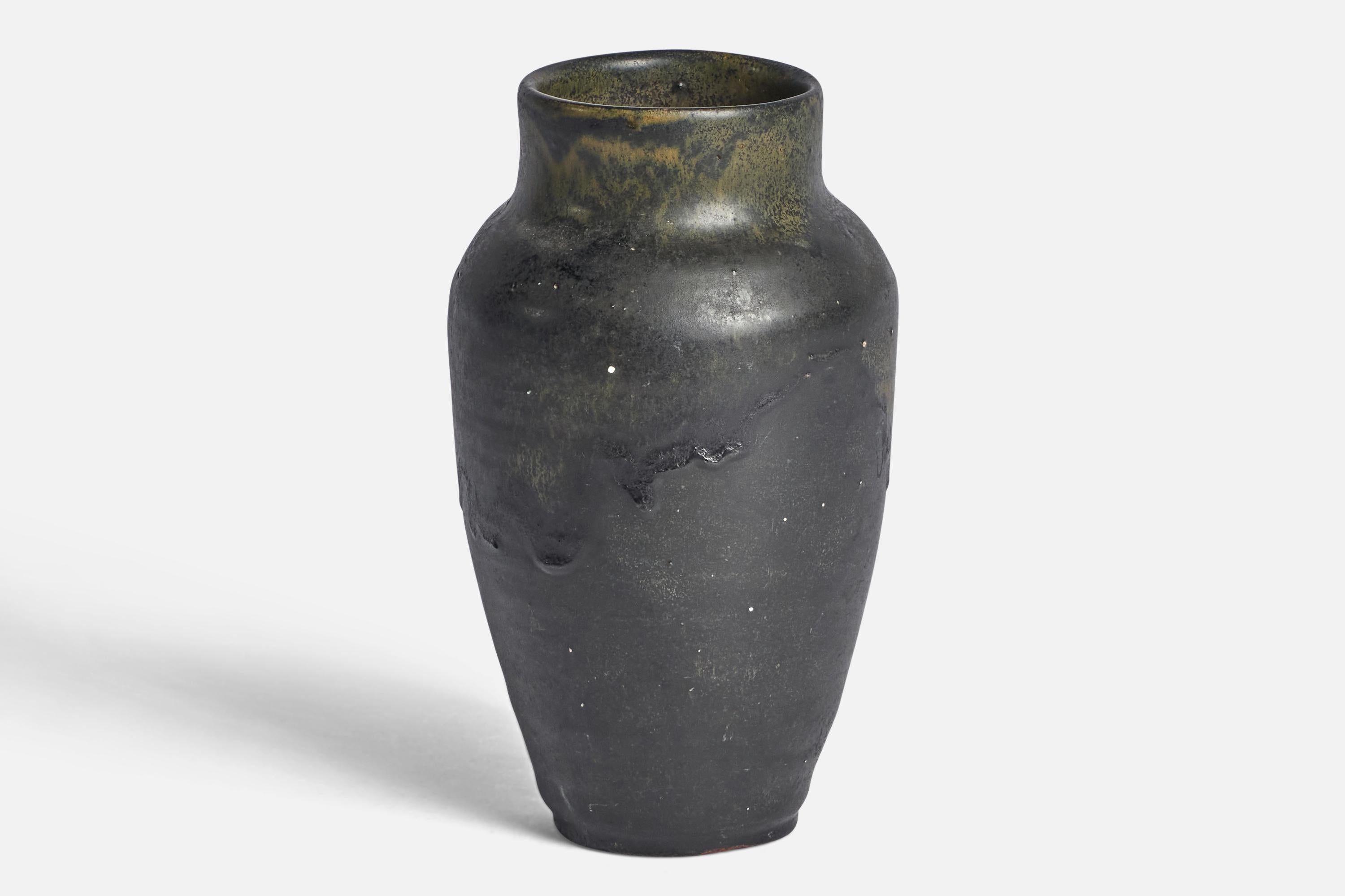 A grey and green-glazed stoneware vase designed and produced by Agne Aronsson, Sweden, c. 1970s.